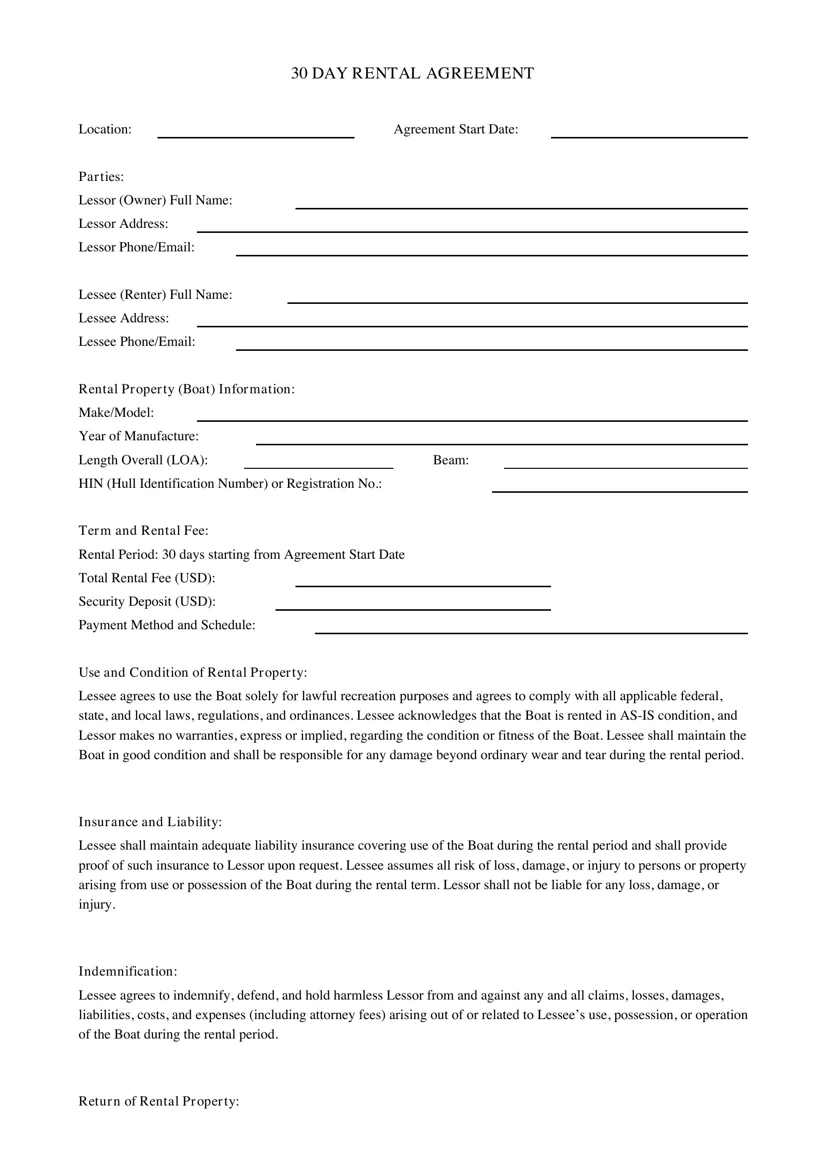 30 Day Rental Agreement Template - US