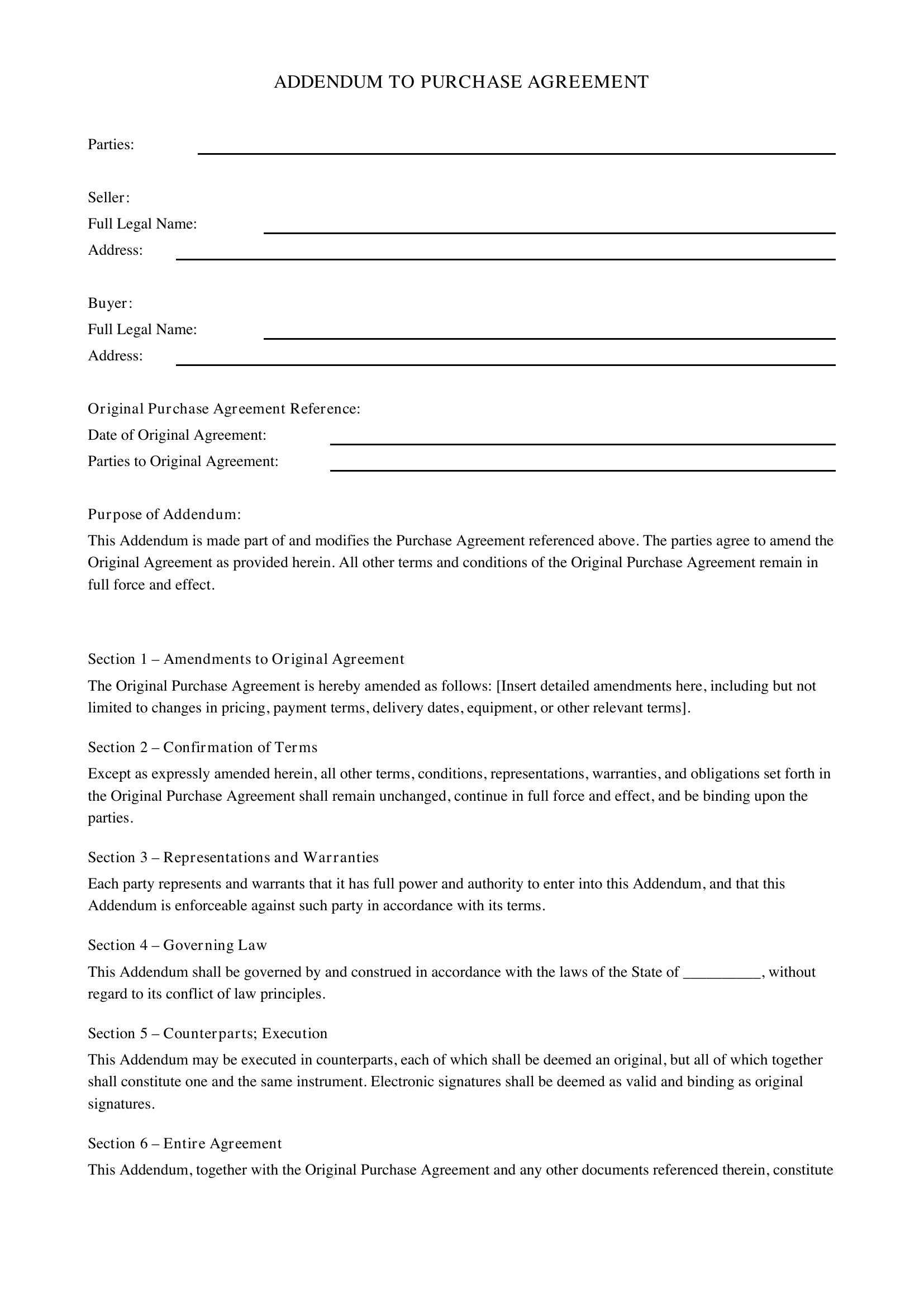 Addendum To Purchase Agreement Template - US