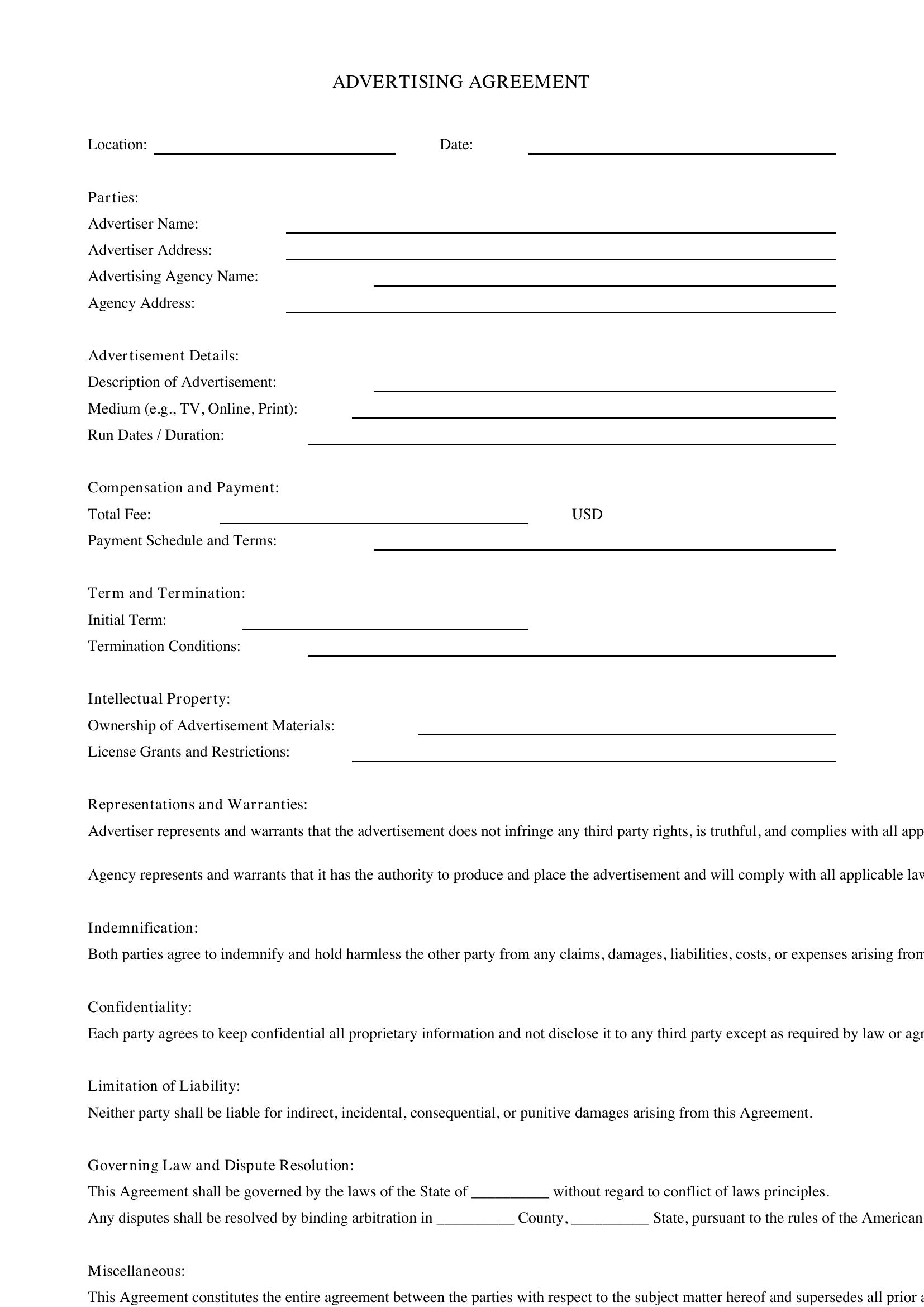 Advertising Agreement Template - US