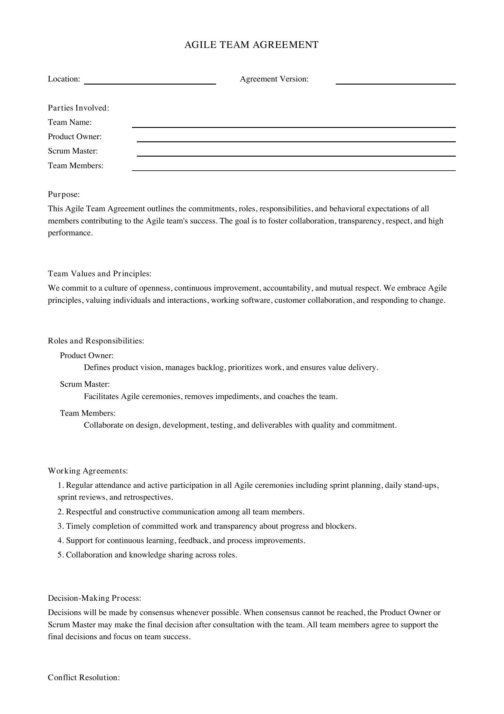 Agile Team Agreement Template - US