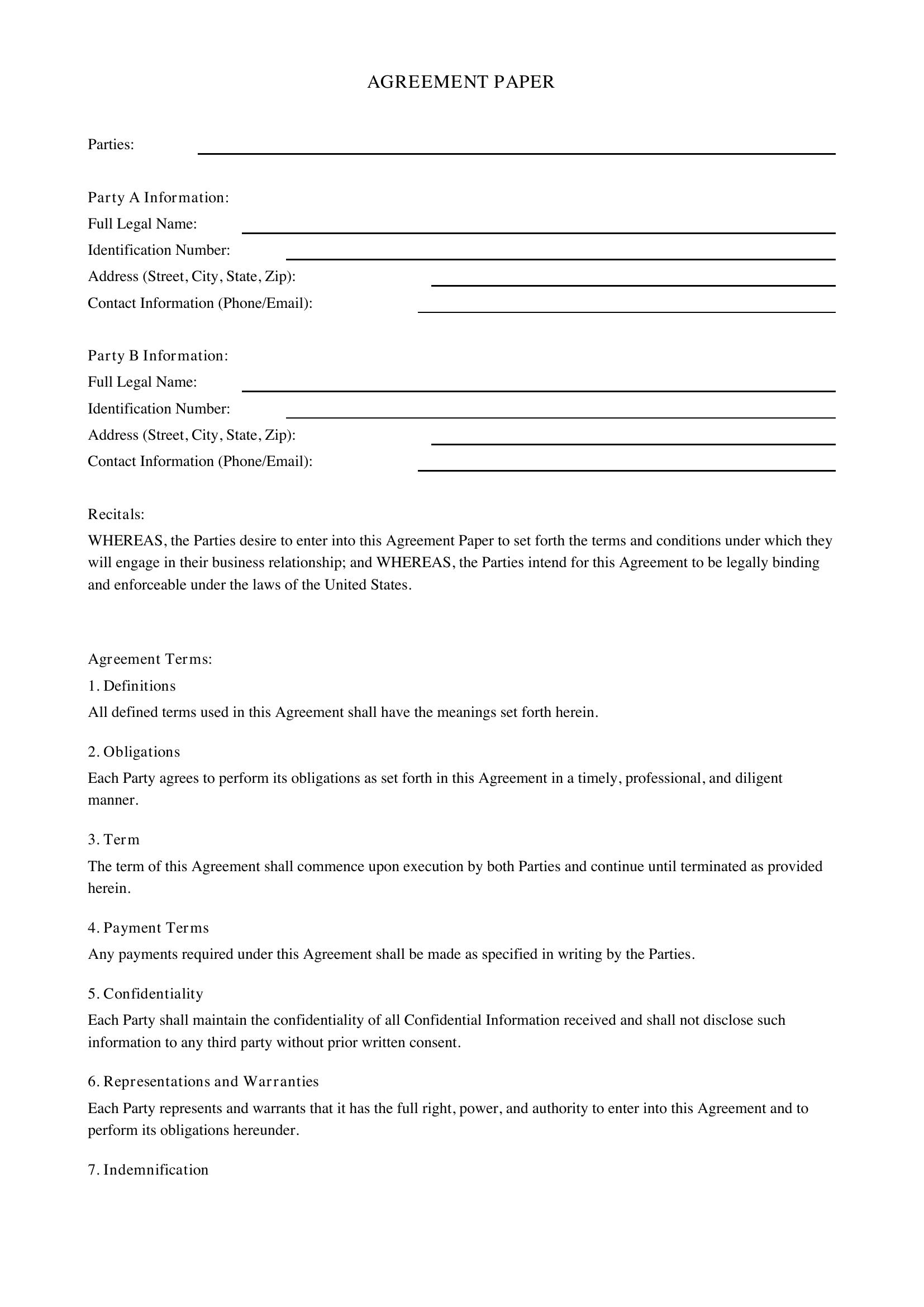 Agreement Paper Template - US
