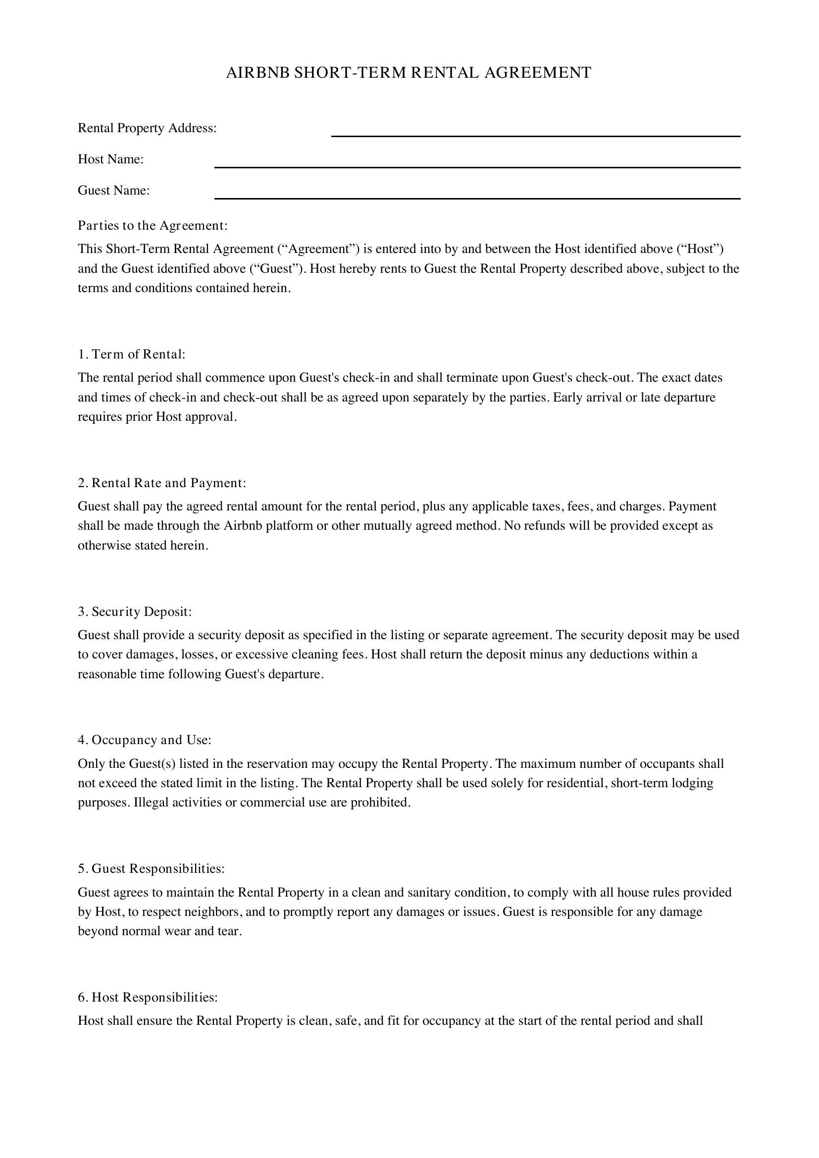 Airbnb Rental Agreement Template - US