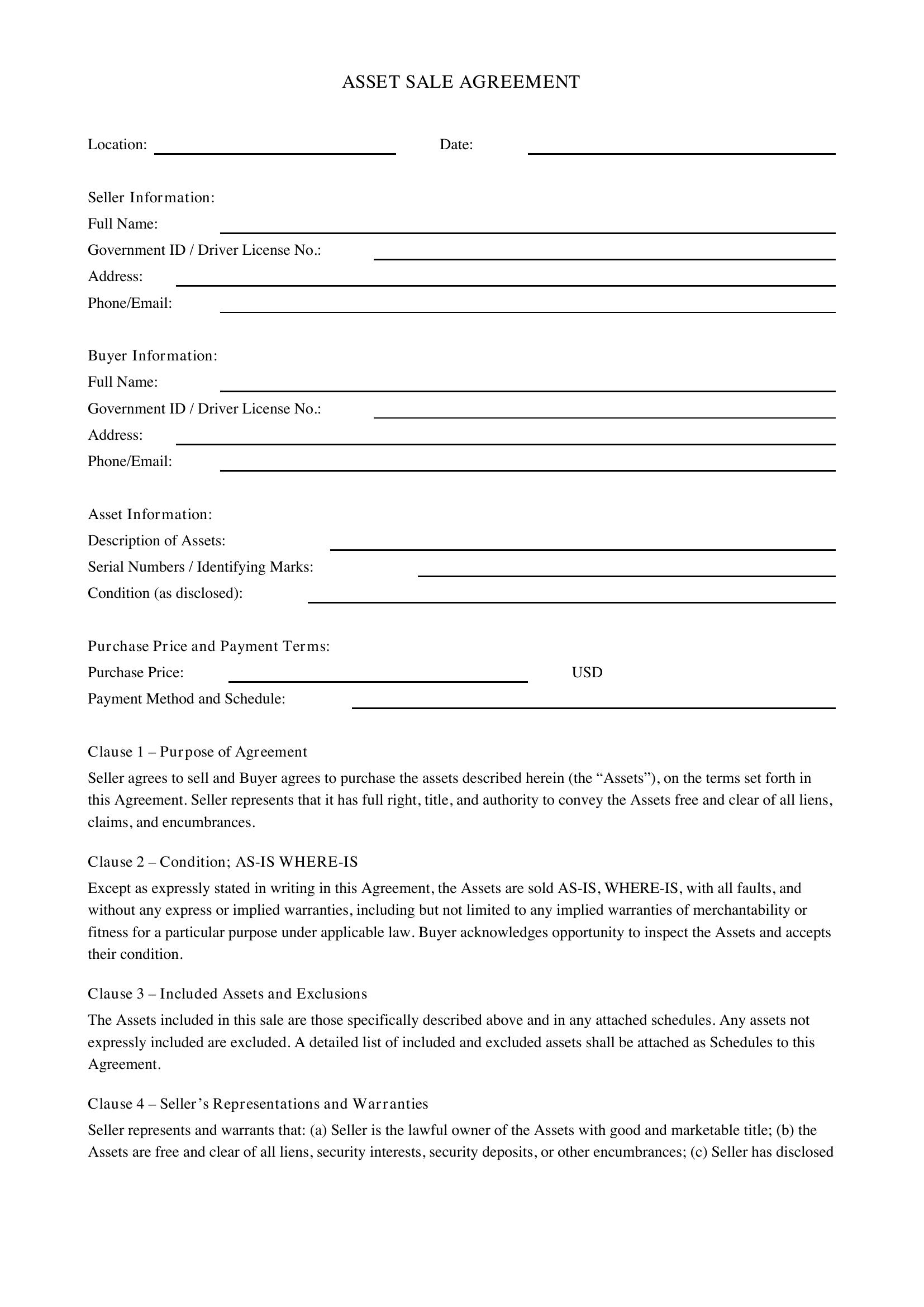 Asset Sale Agreement Template - US