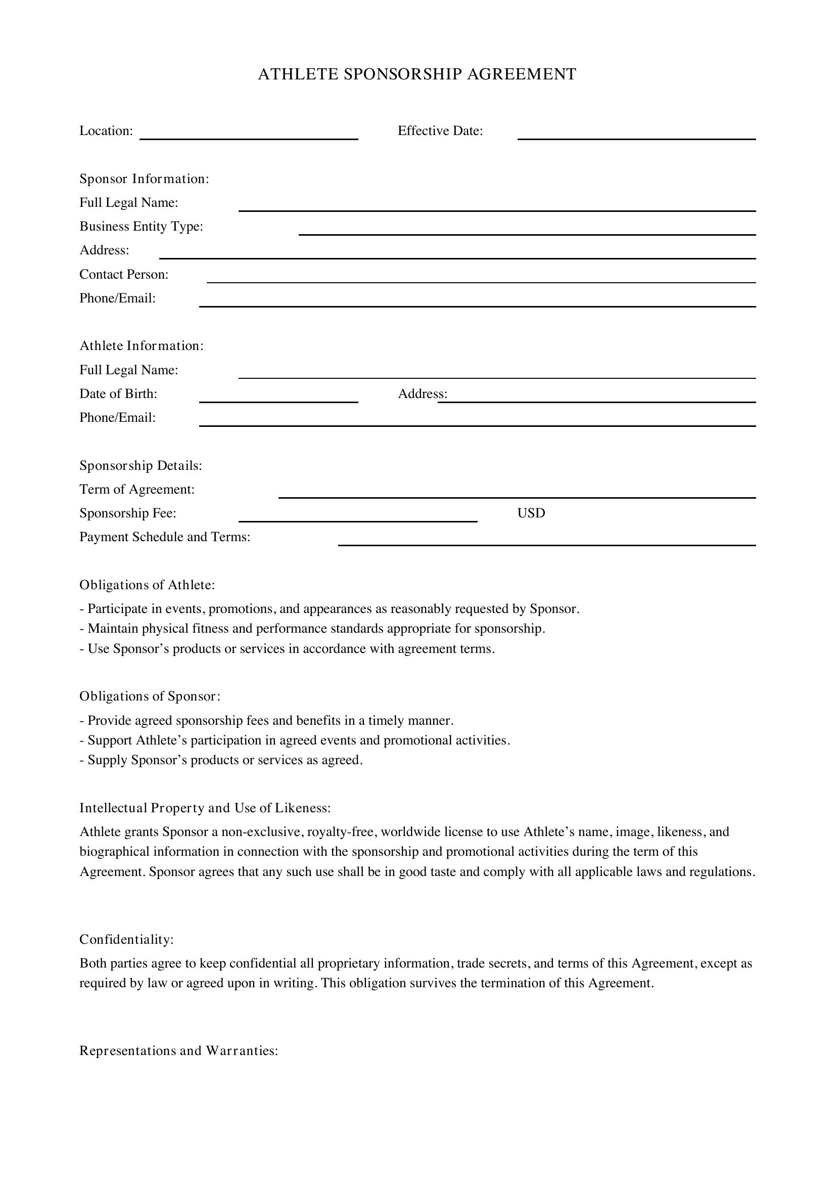 Athlete Sponsorship Agreement Template - US