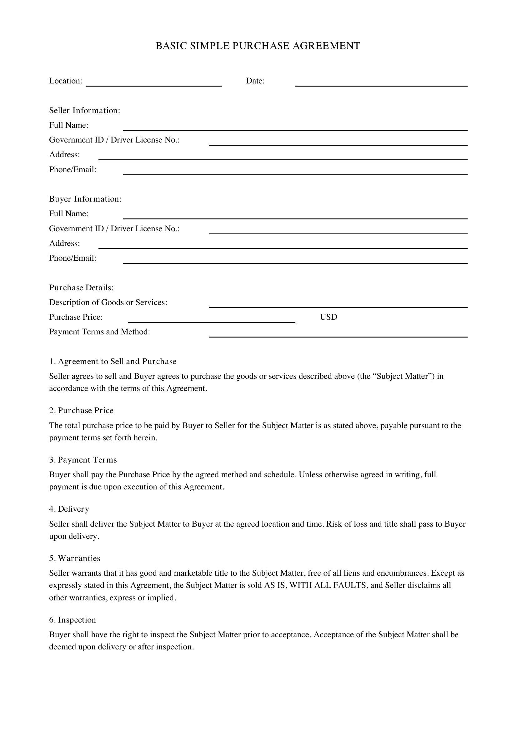 Basic Simple Purchase Agreement Template - US