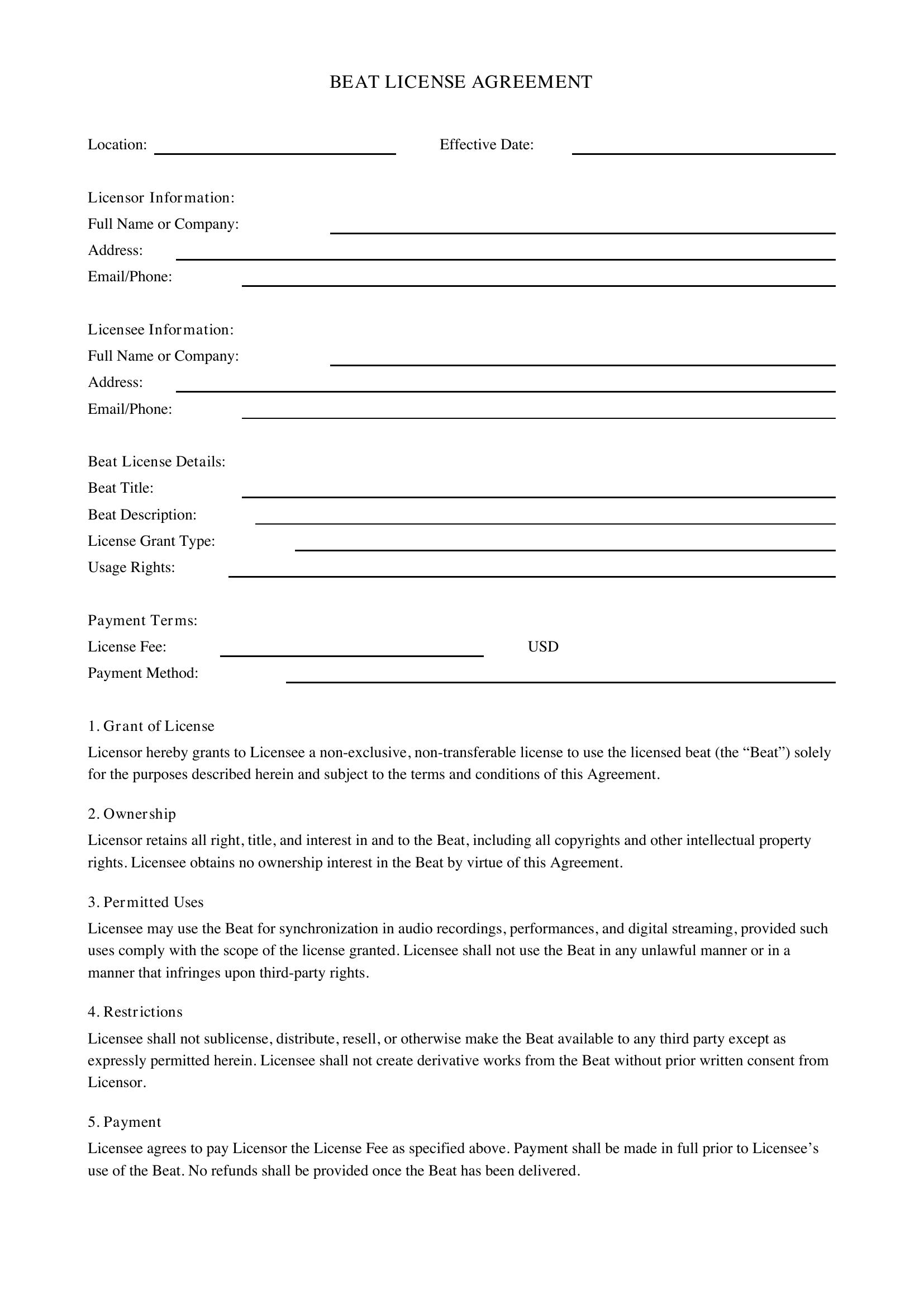 Beat License Agreement Template - US