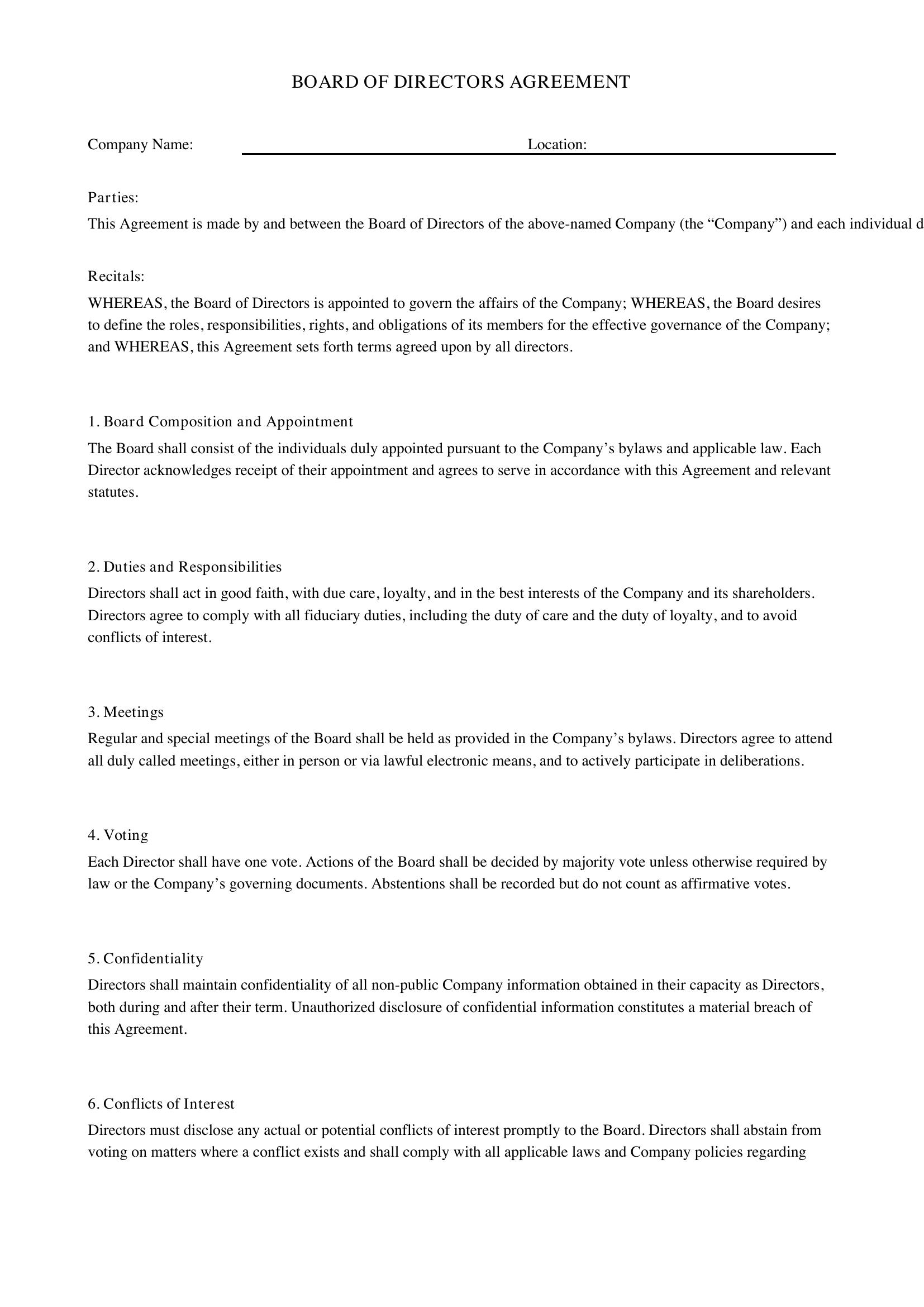 Board Of Directors Agreement Template - US
