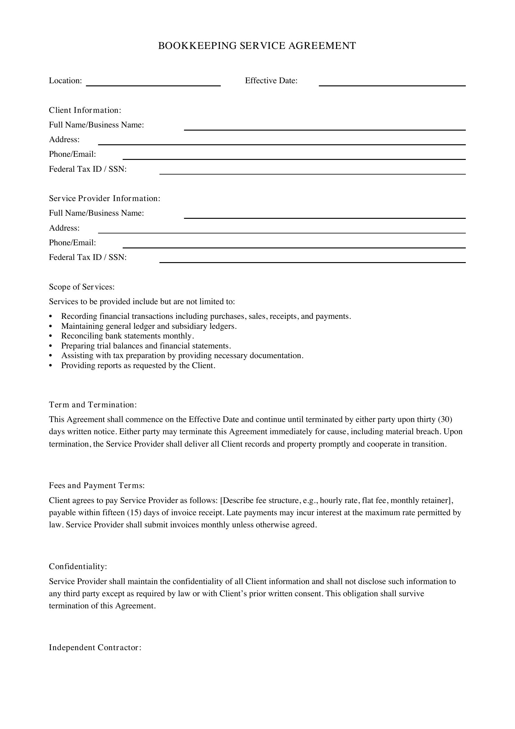 Bookkeeping Service Agreement Template - US