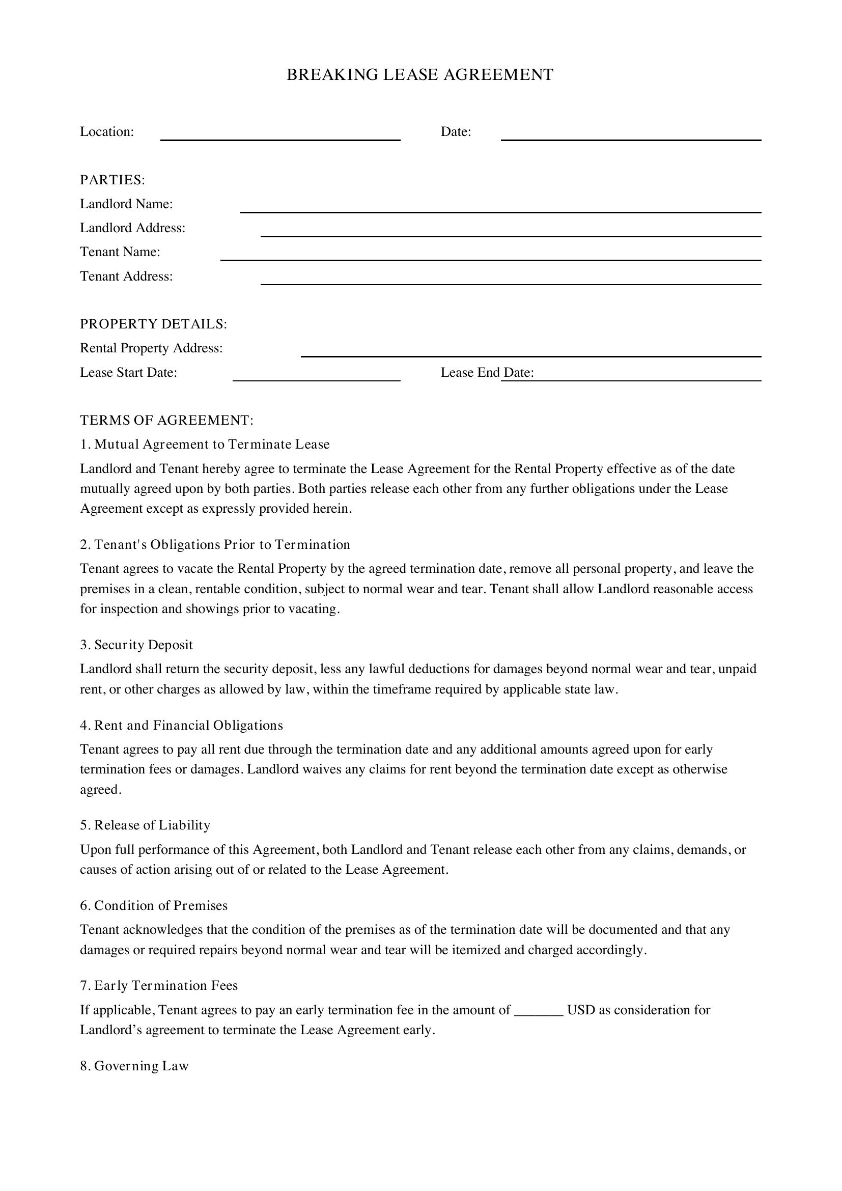 Breaking Lease Agreement Template - US