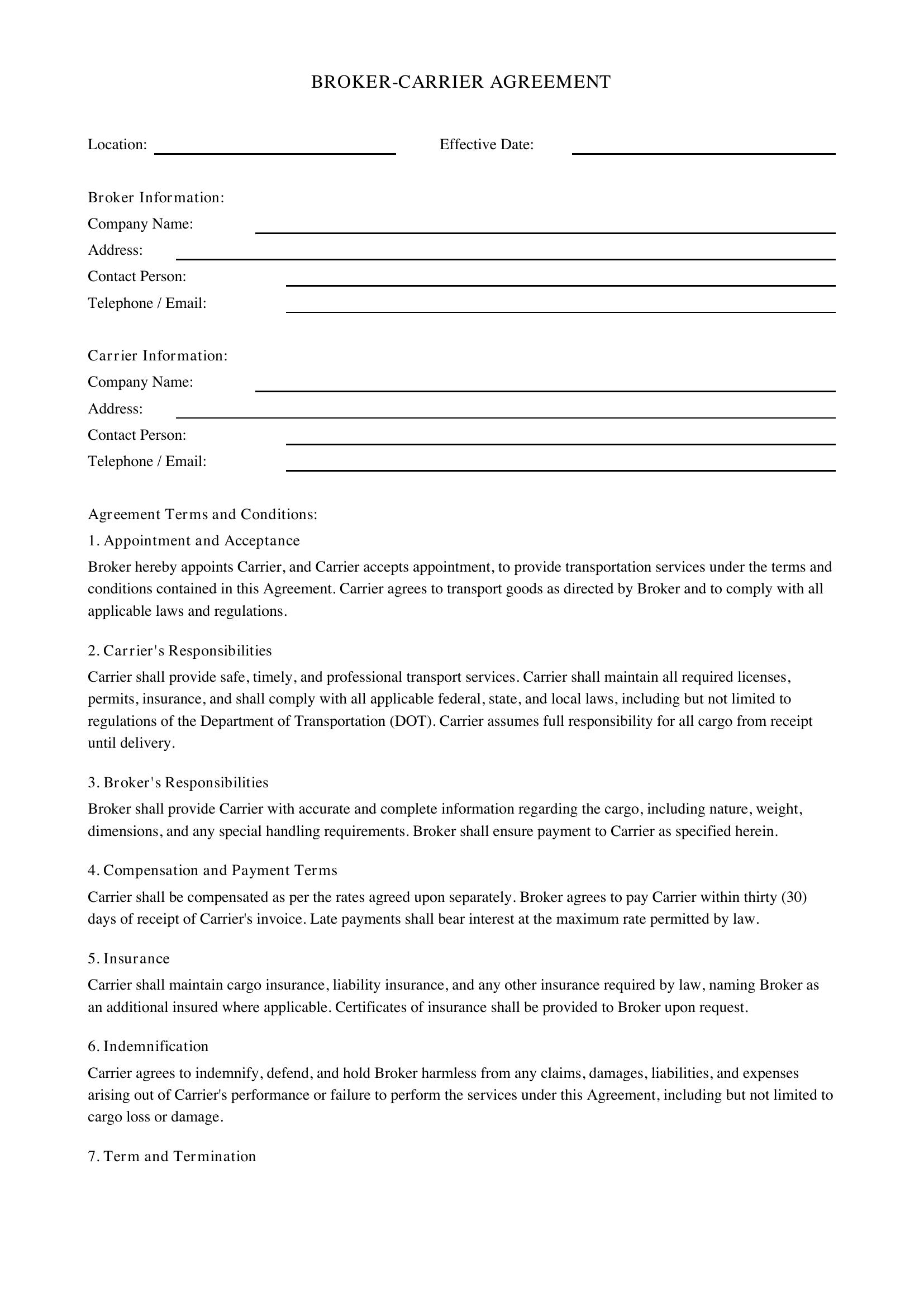 Broker Carrier Agreement Template - US