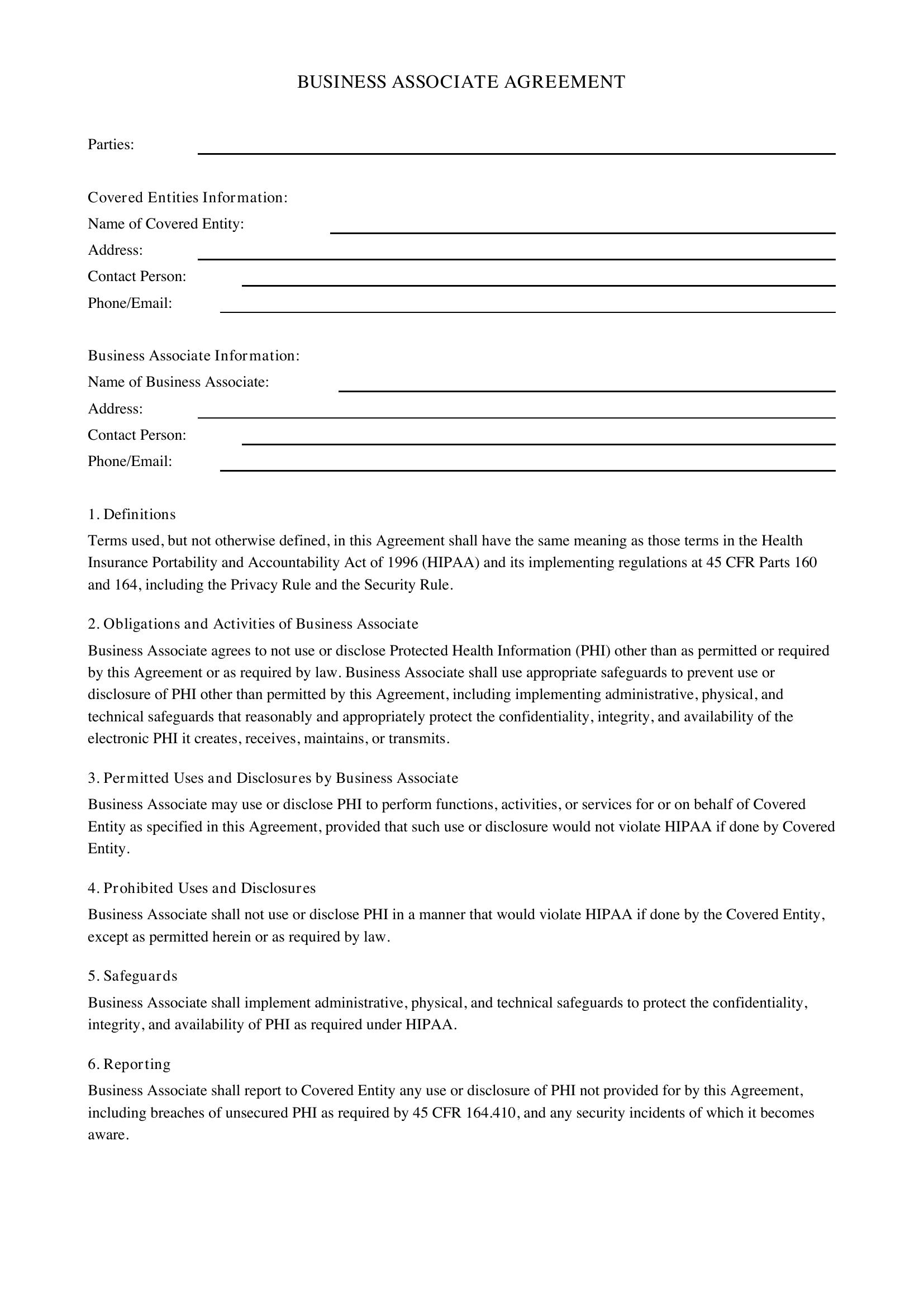 Business Associate Agreement Template - US