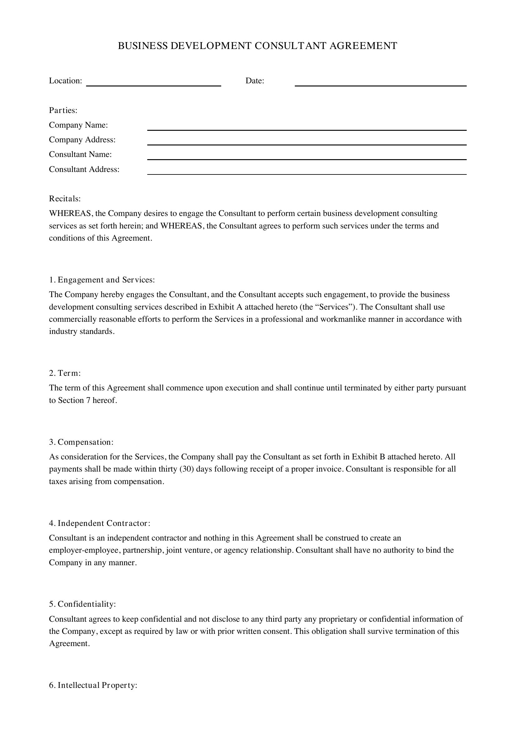 Business Development Consultant Agreement Template - US