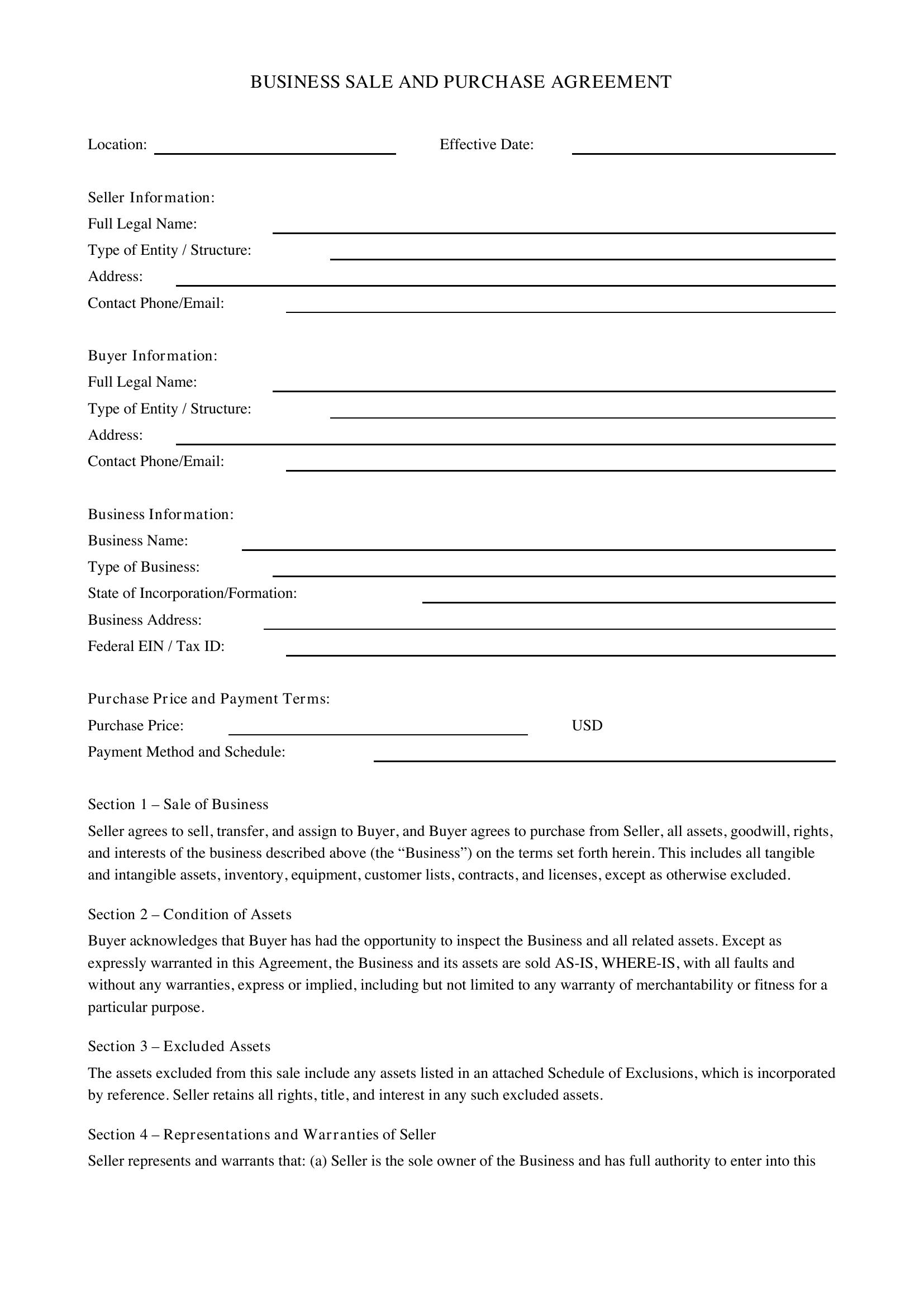 Business Sale Agreement Template - US