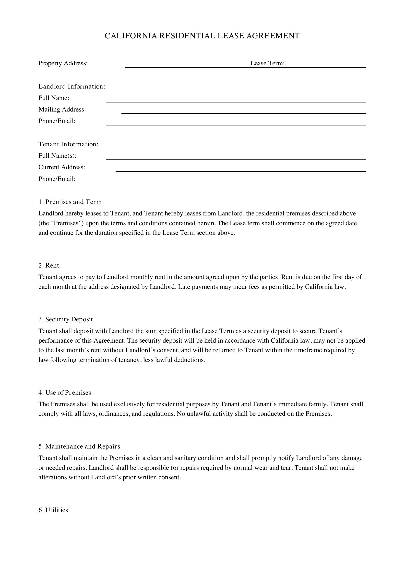 California Residential Lease Agreement Template - US