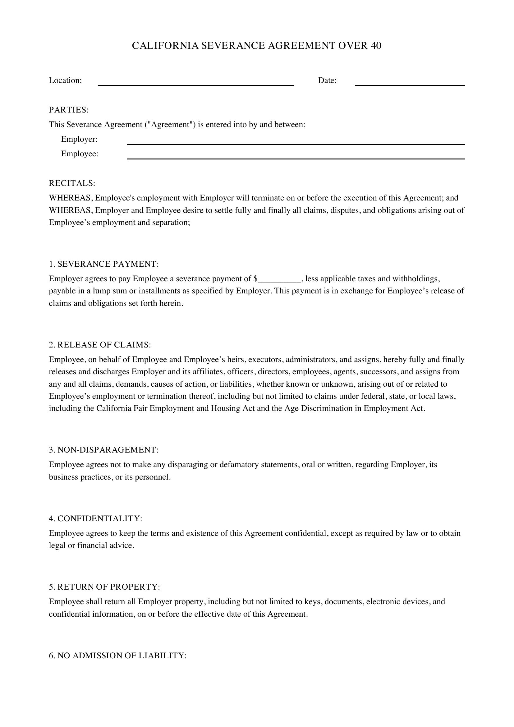 California Severance Agreement Over 40 Template - US