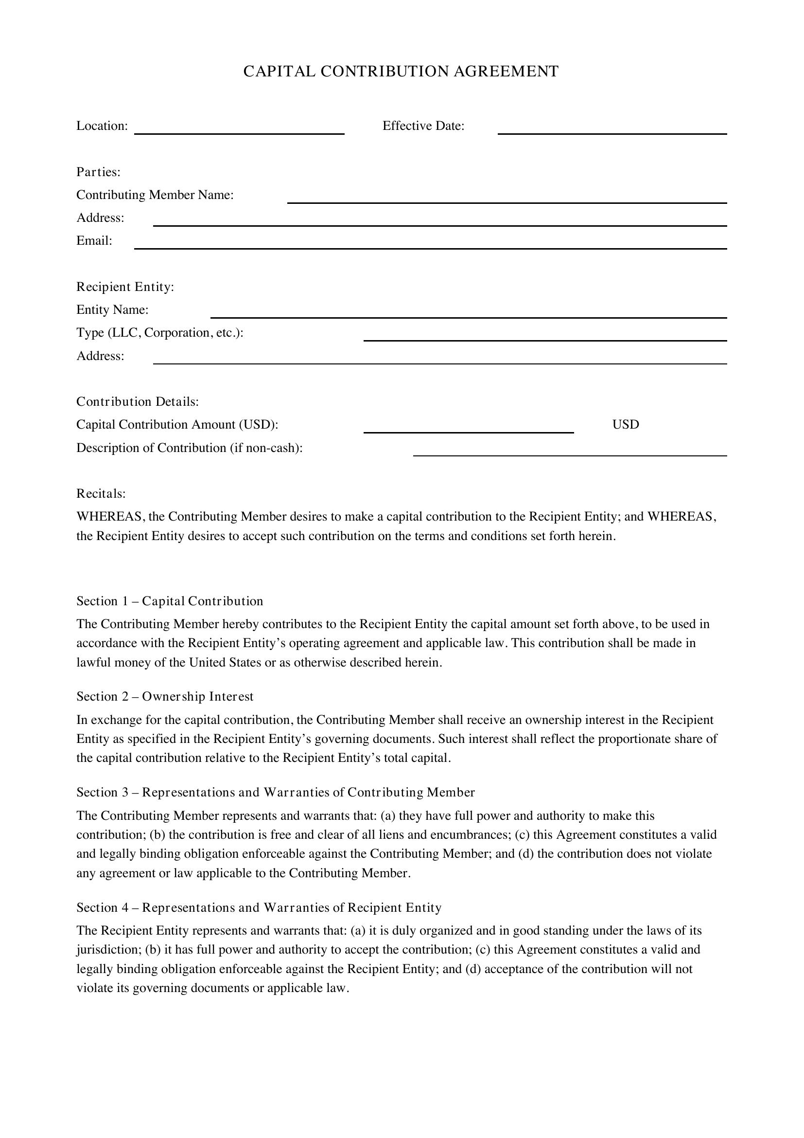Capital Contribution Agreement Template - US