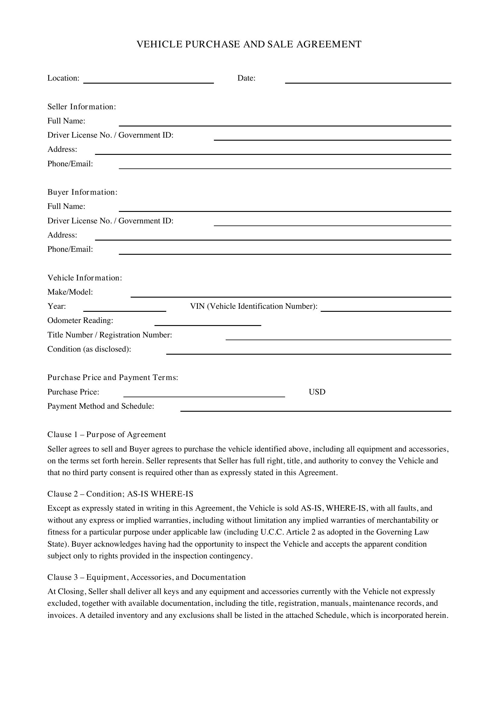 Car Purchase Agreement Template - US