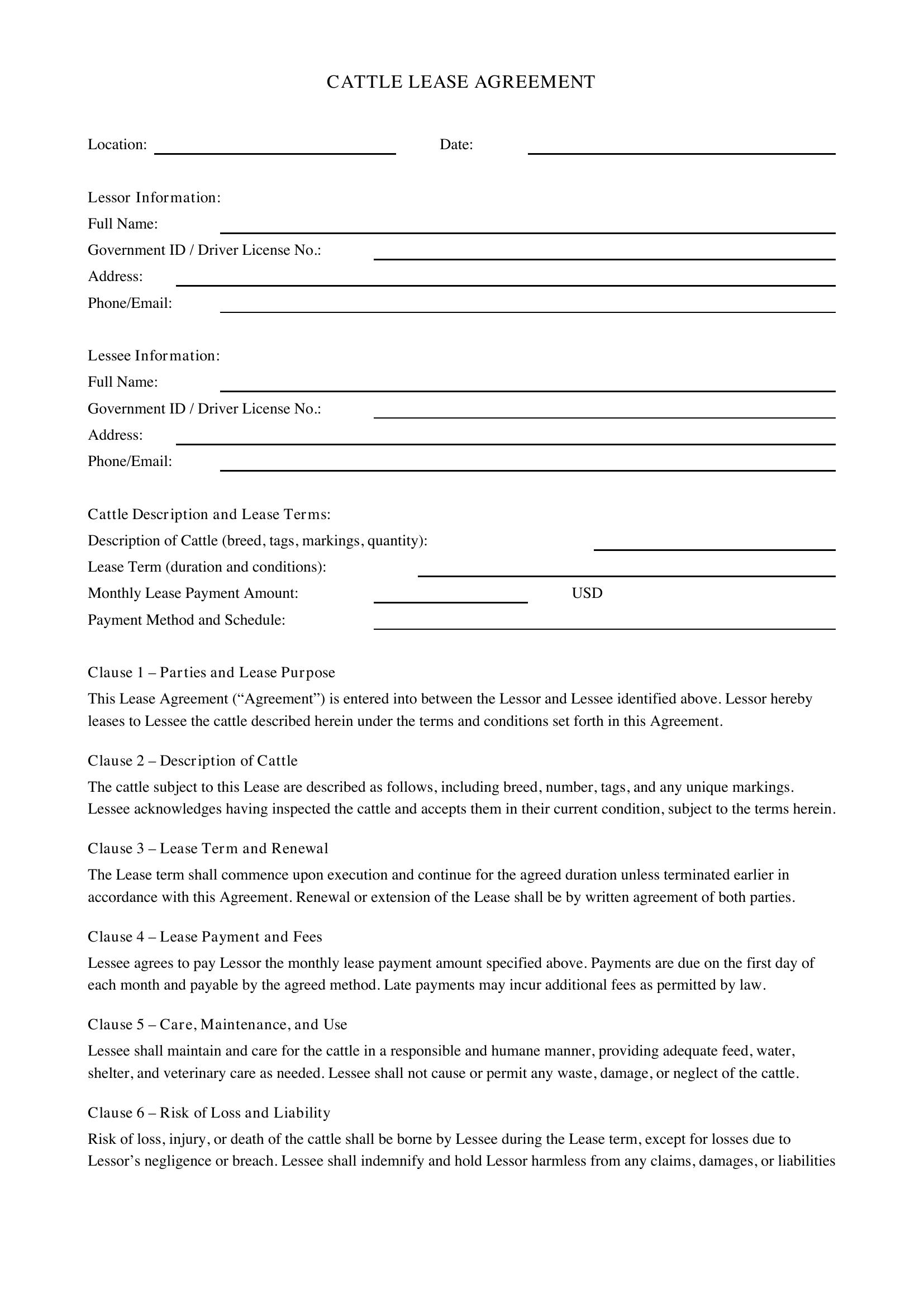 Cattle Lease Agreement Template - US