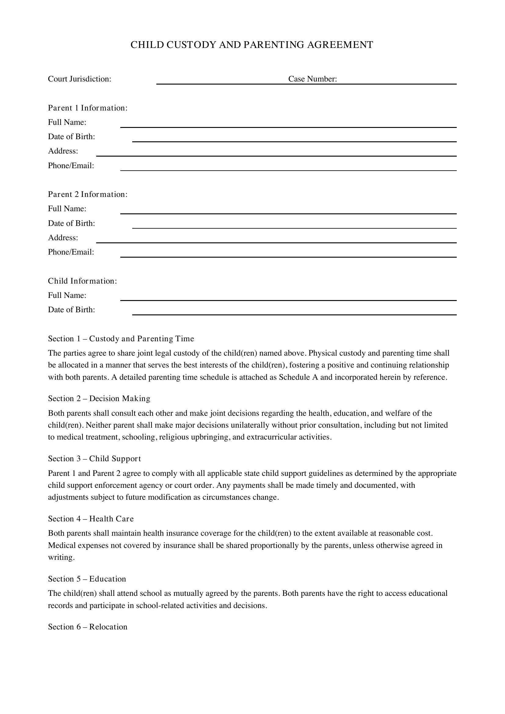 Child Agreement Template - US