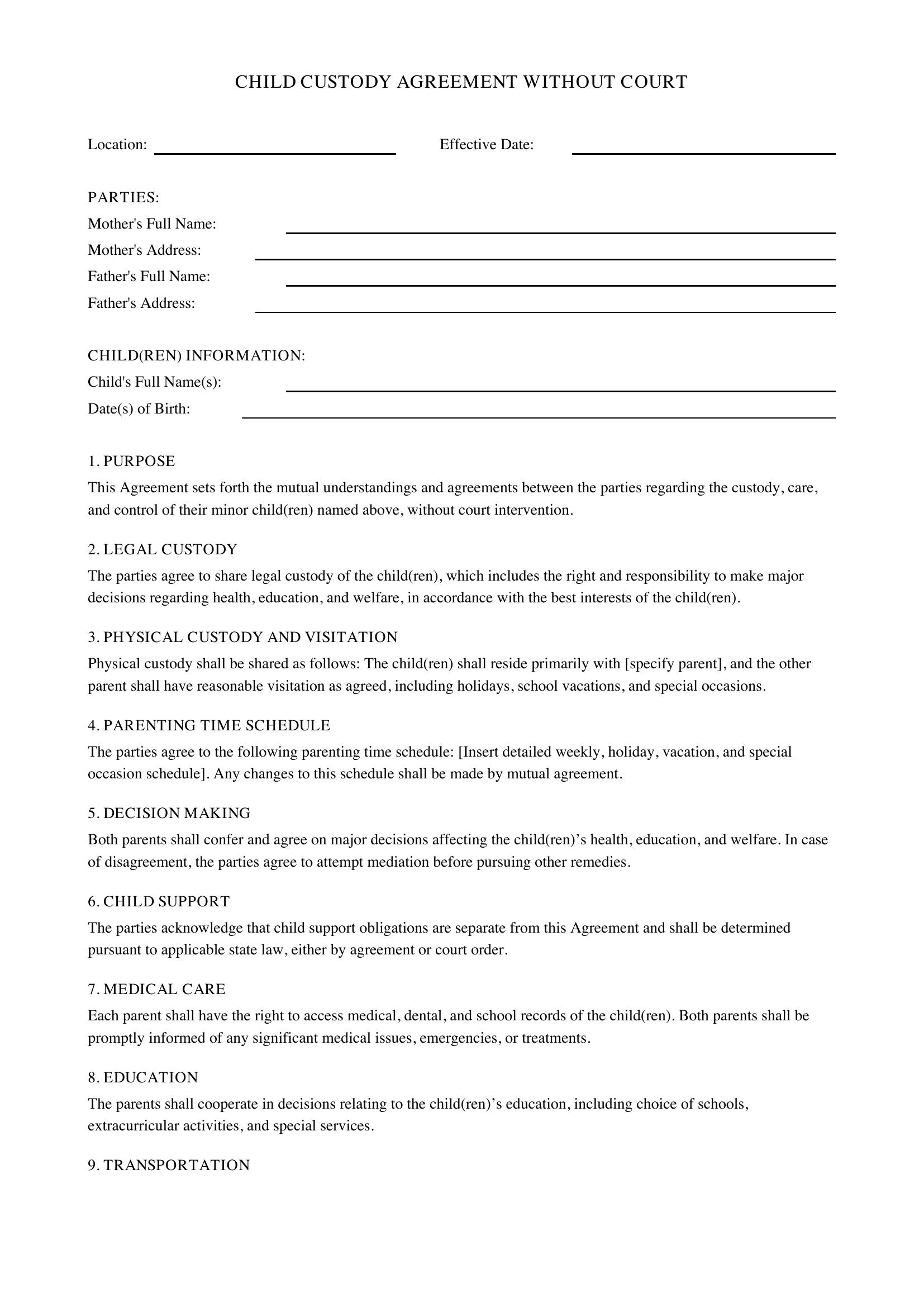 Child Custody Agreement Without Court Template - US