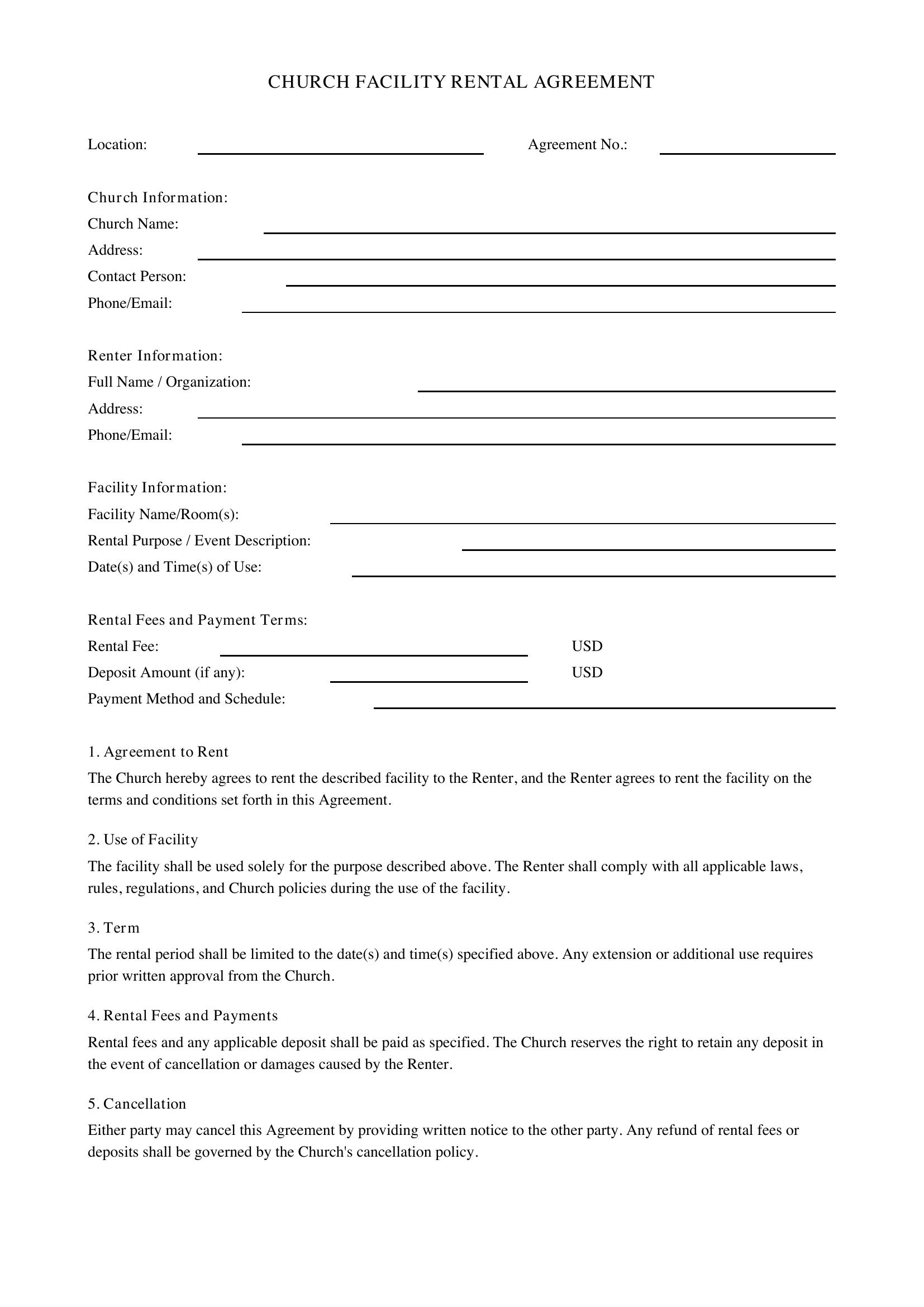 Church Rental Agreement Template - US