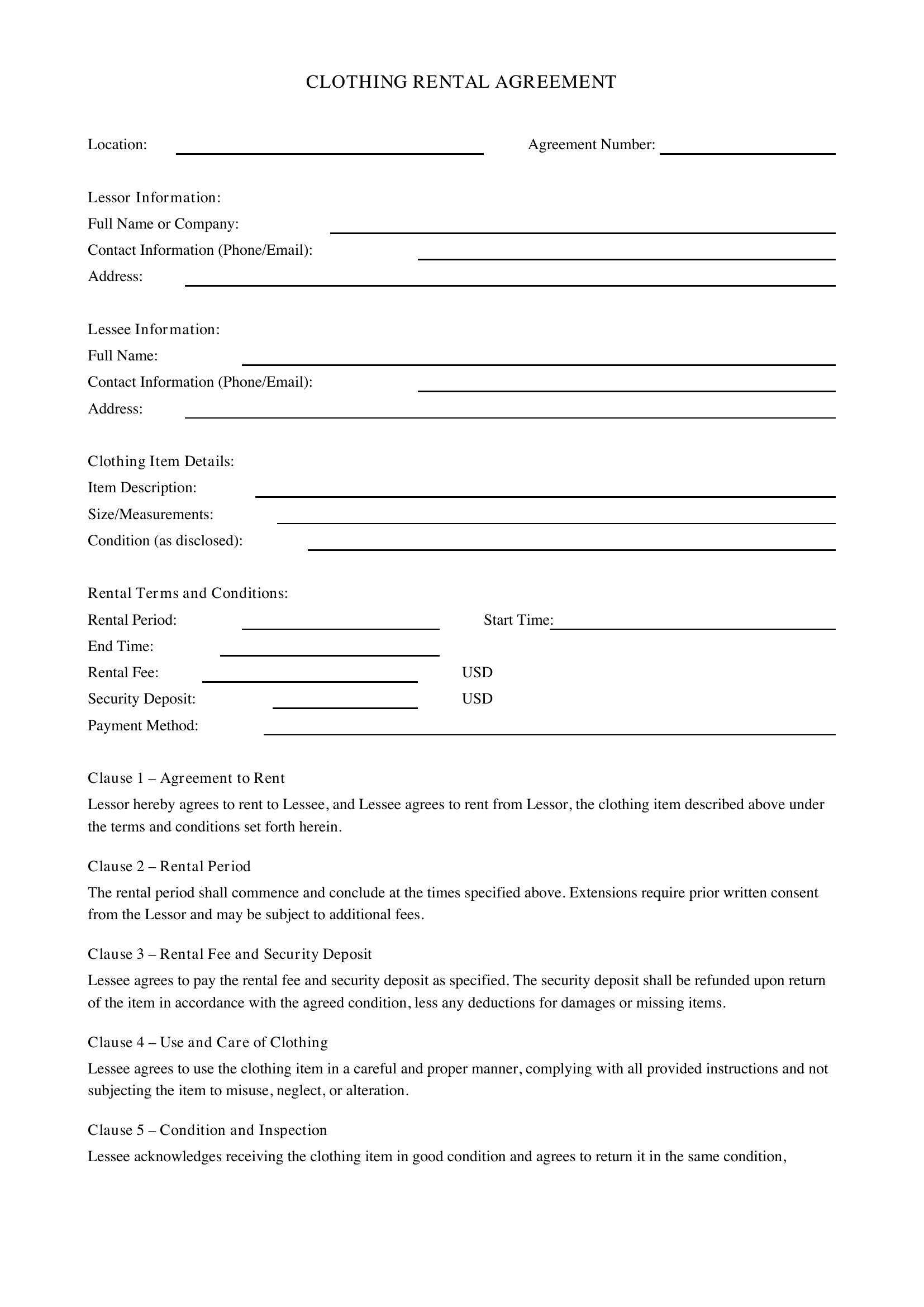 Clothing Rental Agreement Template - US