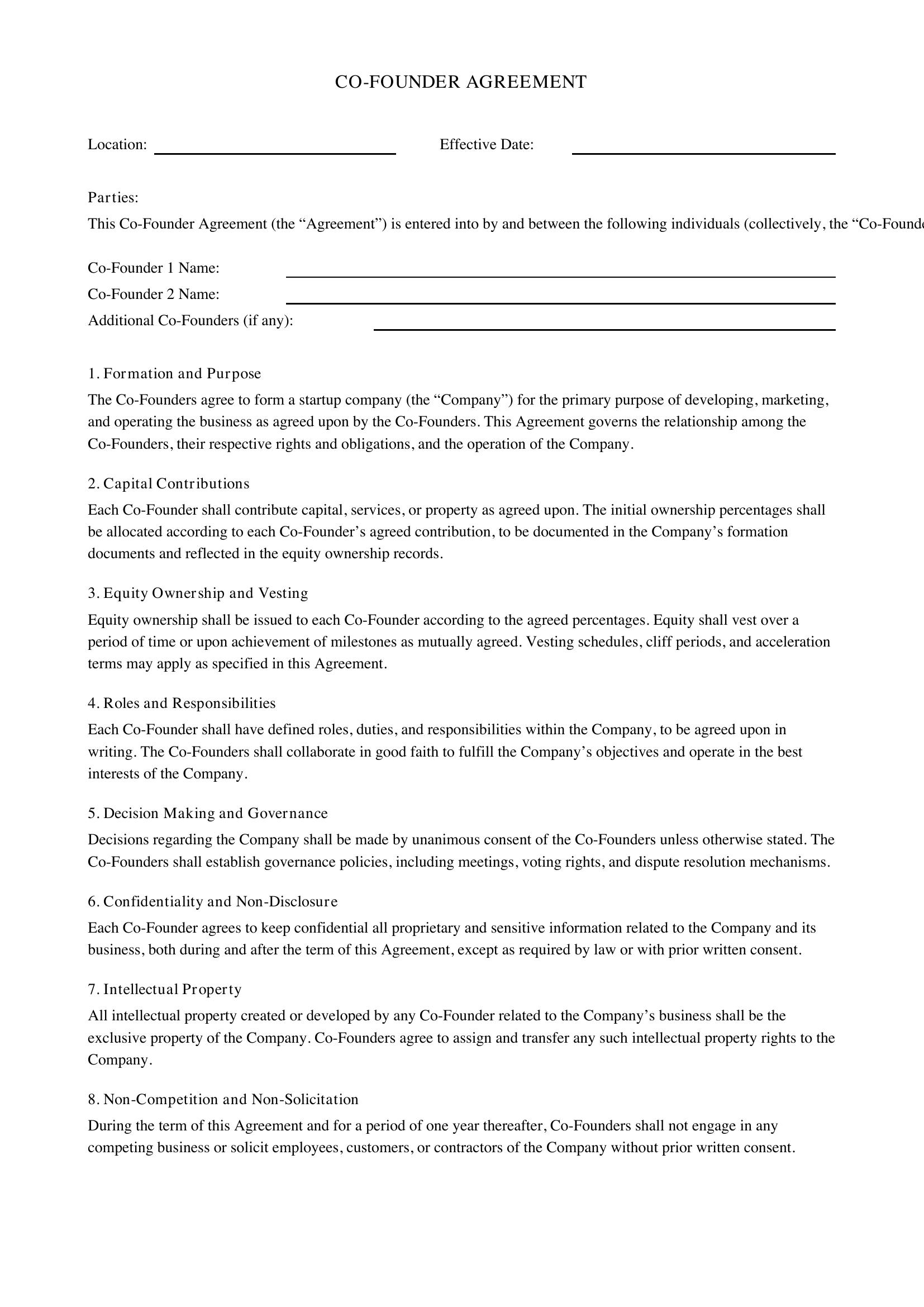 Co Founder Agreement Startup Template - US