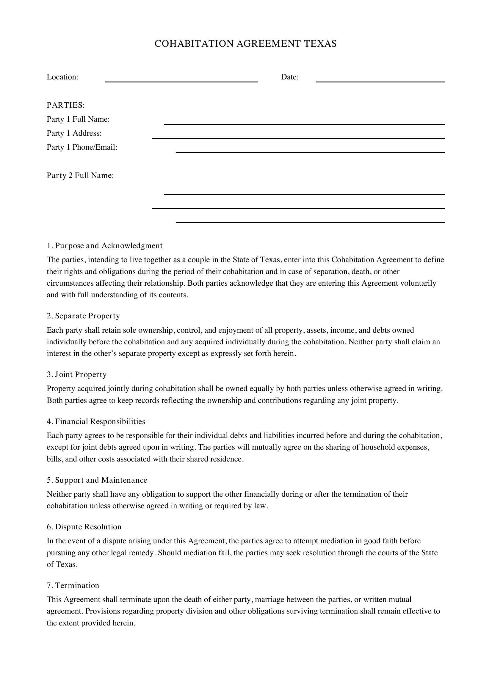 Cohabitation Agreement Texas Template - US