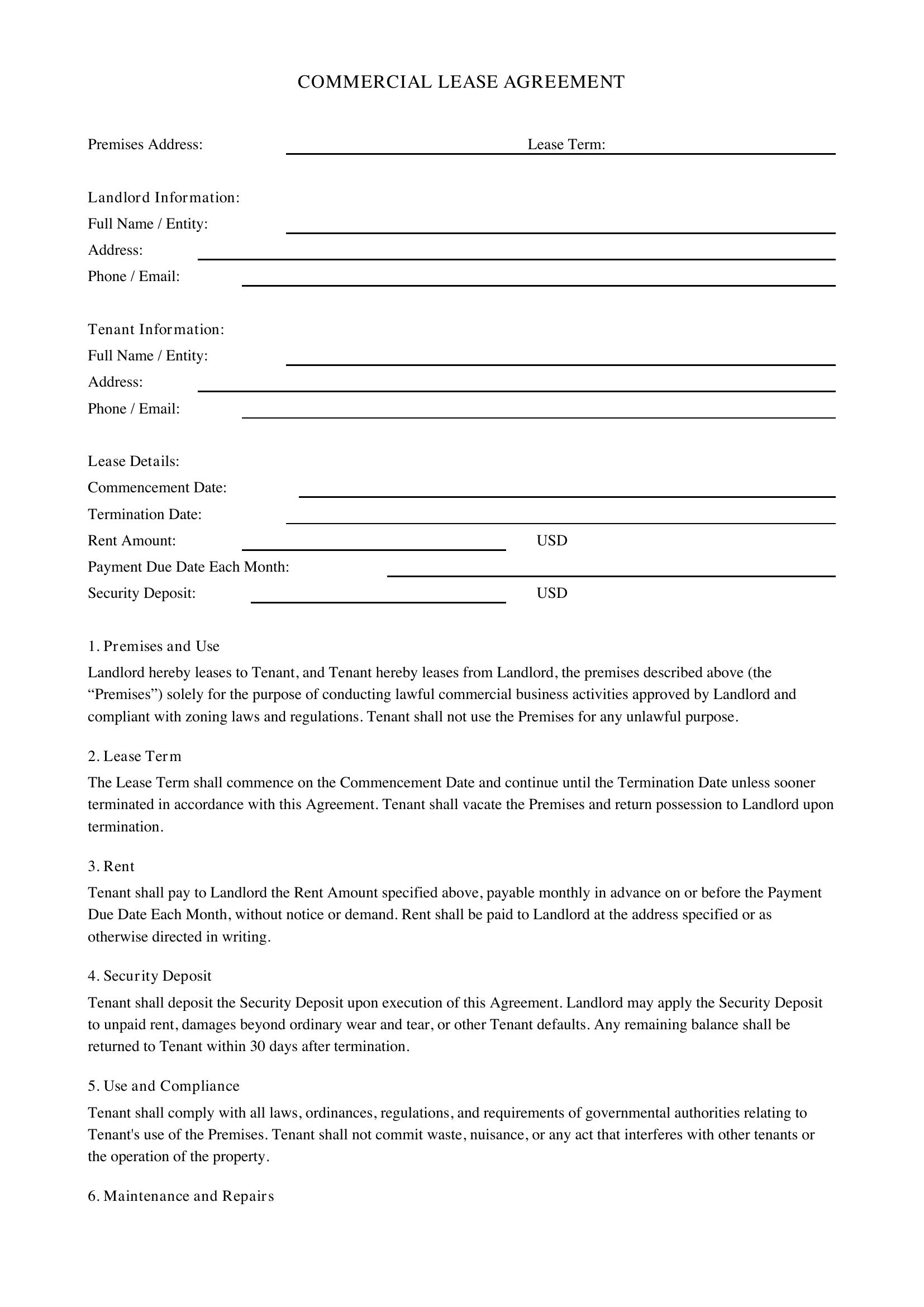 Commercial Lease Agreement Template - US
