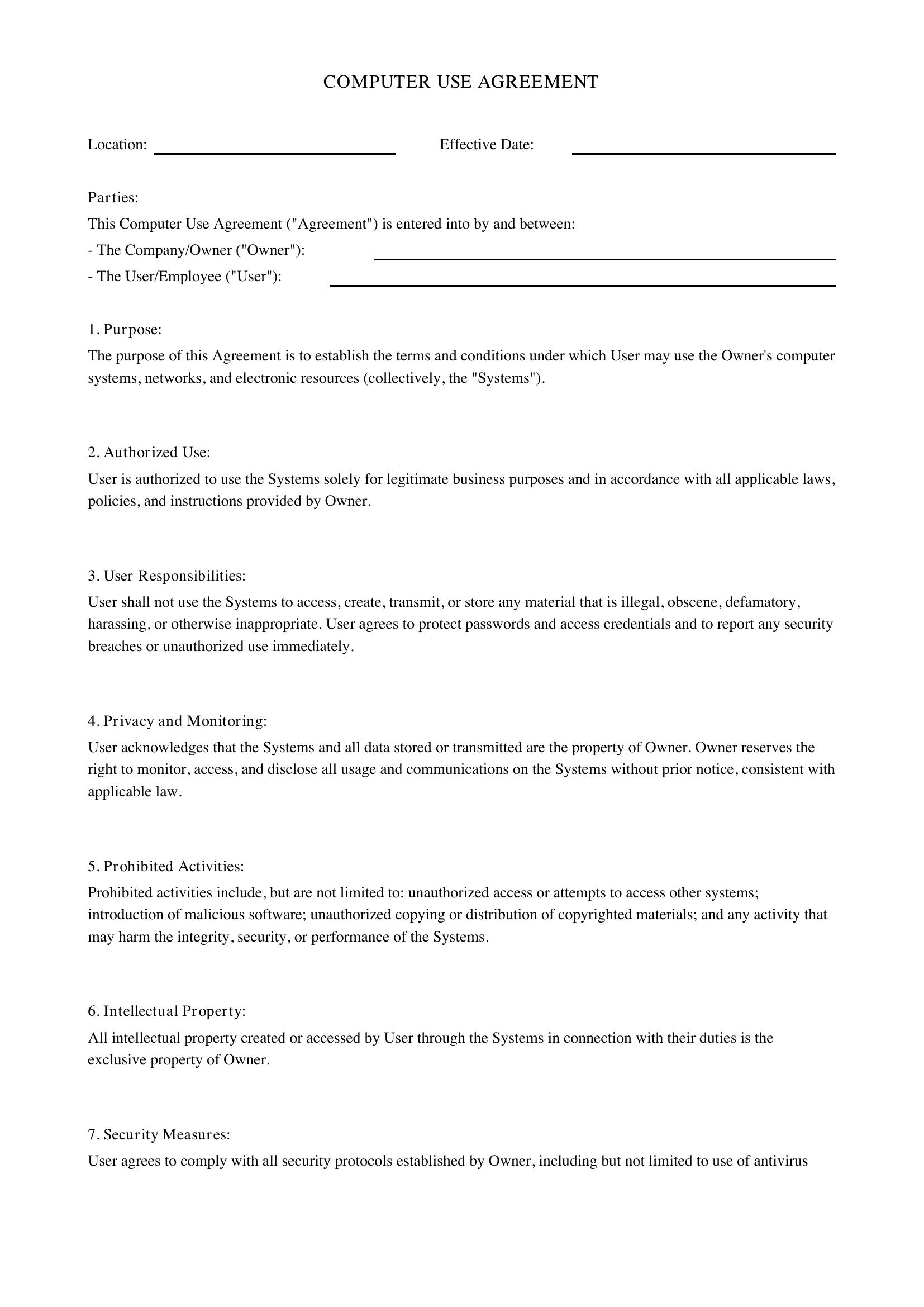 Computer Use Agreement Template - US