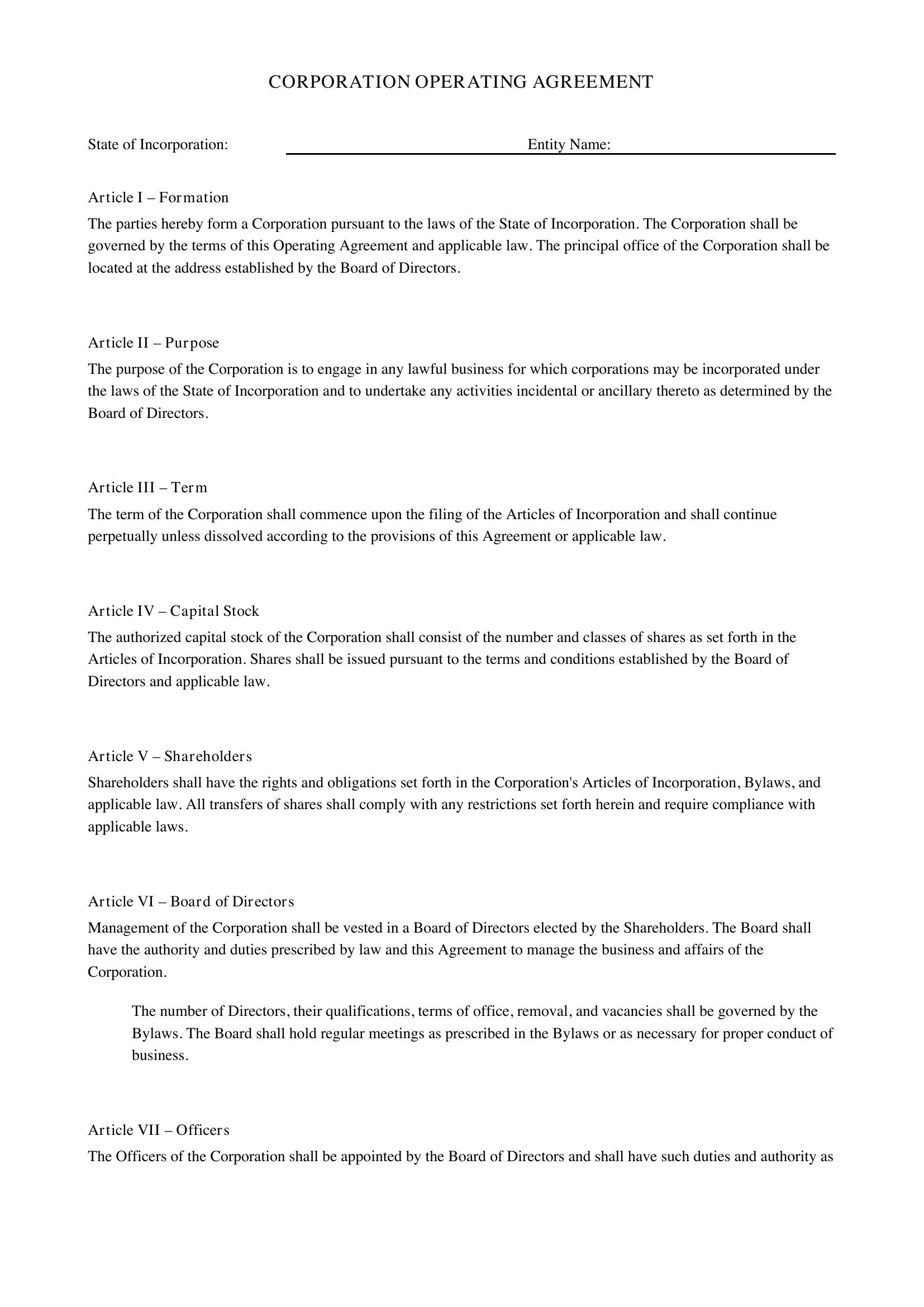 Corporation Operating Agreement Template - US