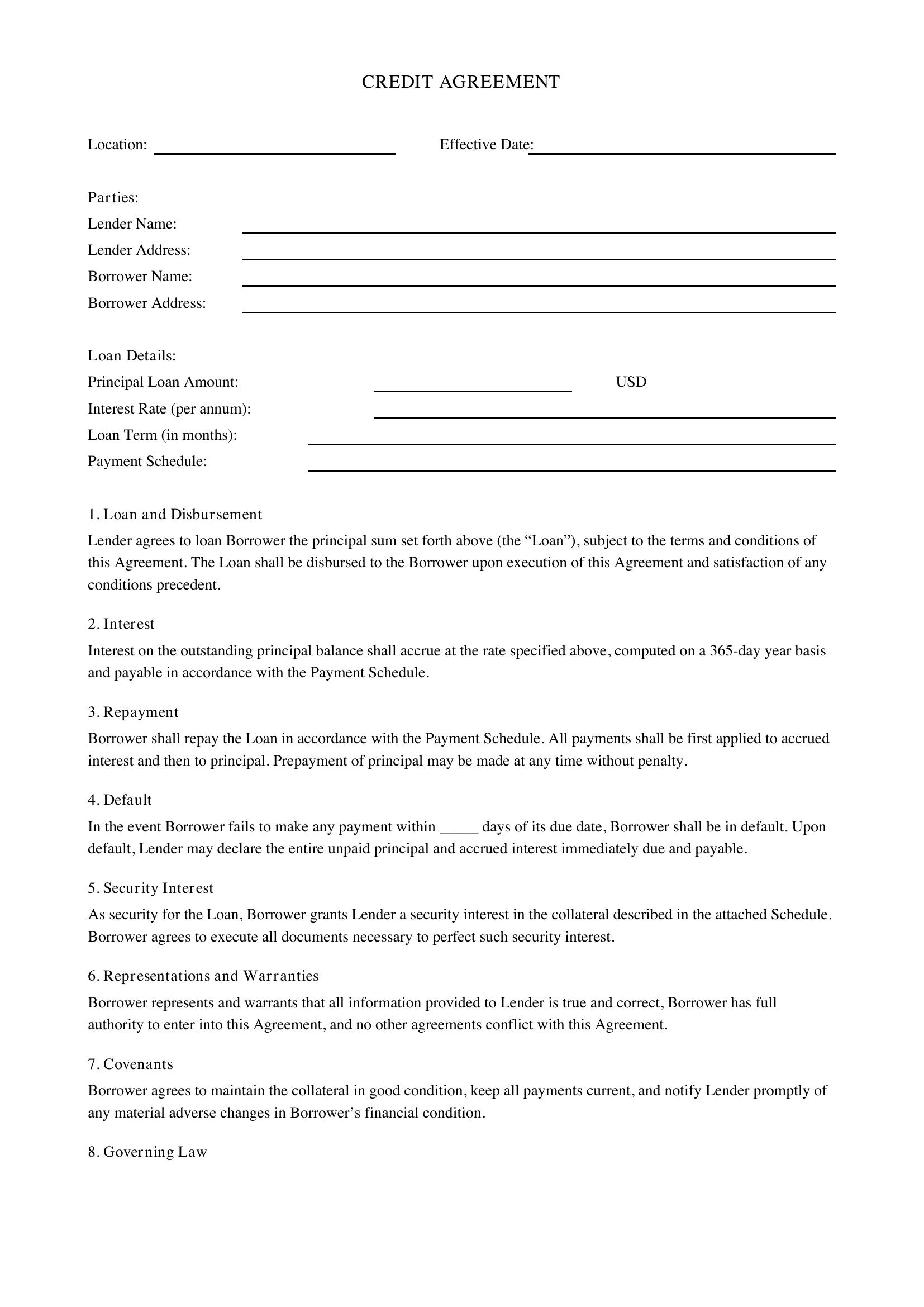 Credit Agreement Template - US