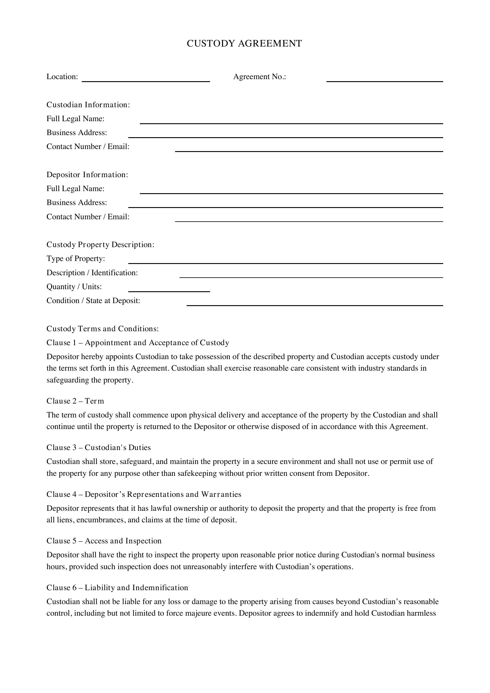 Custody Agreement Template - US