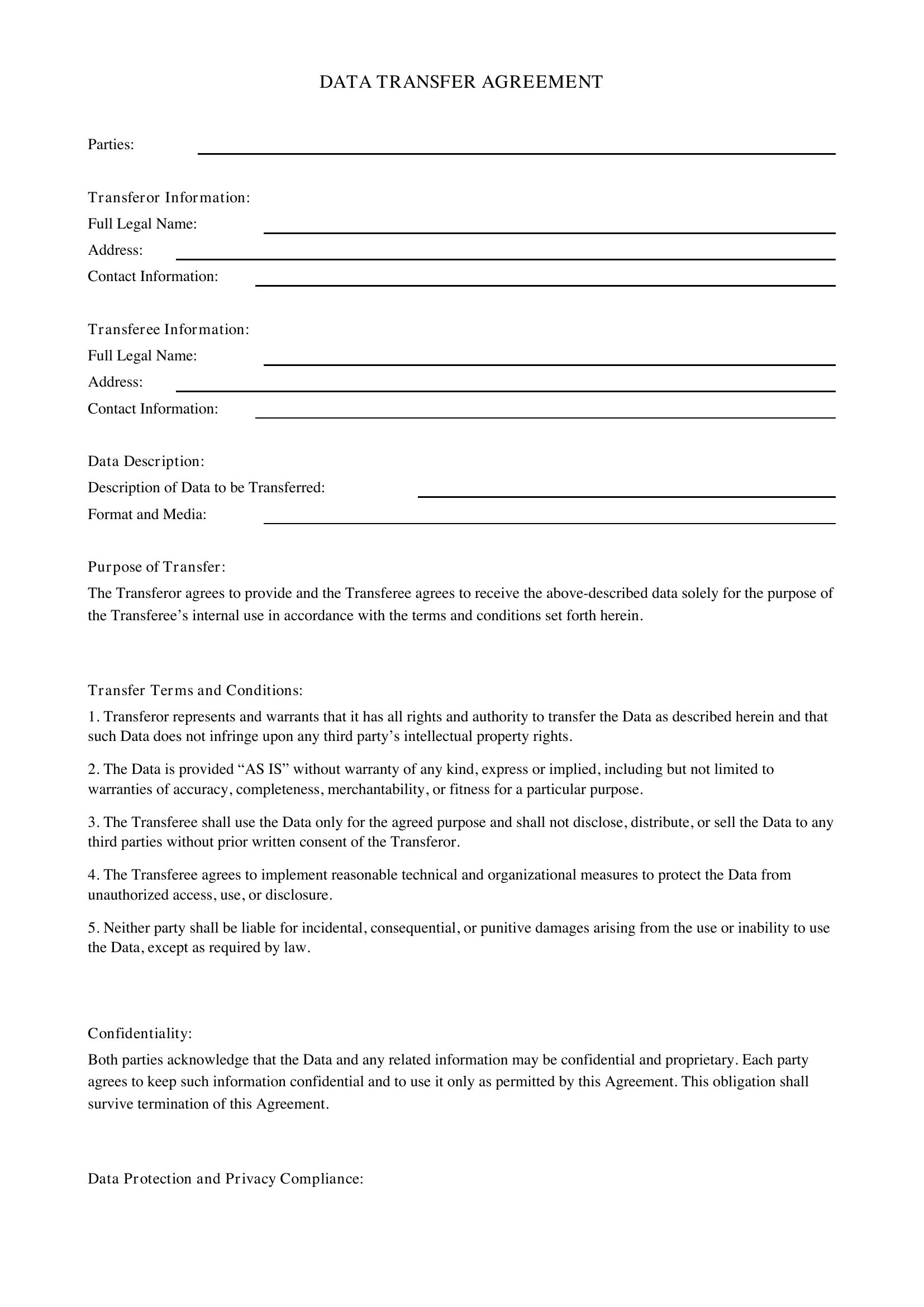 Data Transfer Agreement Template - US
