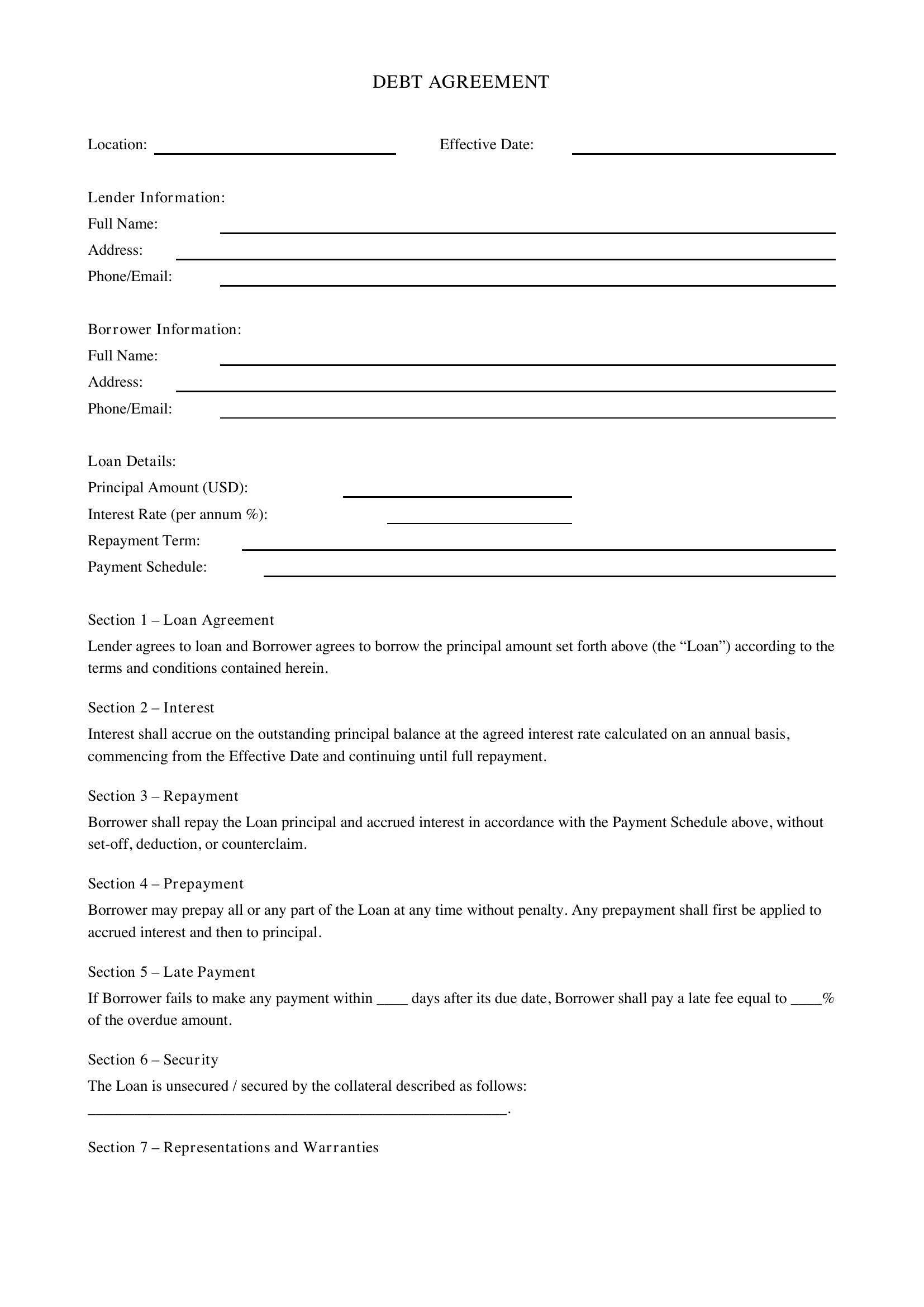 Debt Agreement Template - US