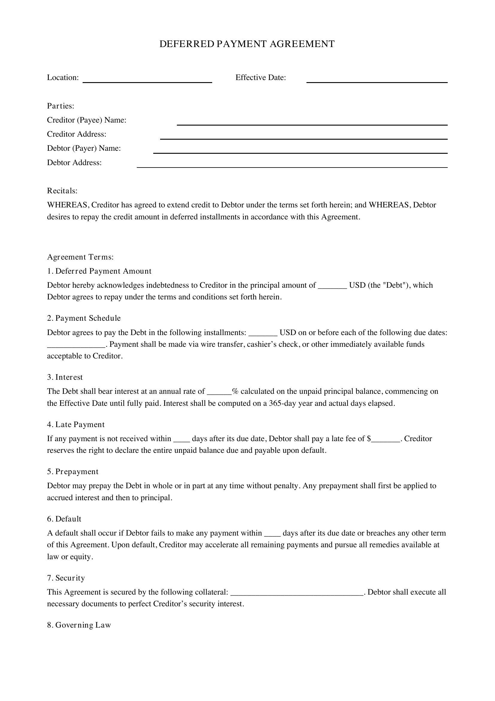 Deferred Payment Agreement Template - US