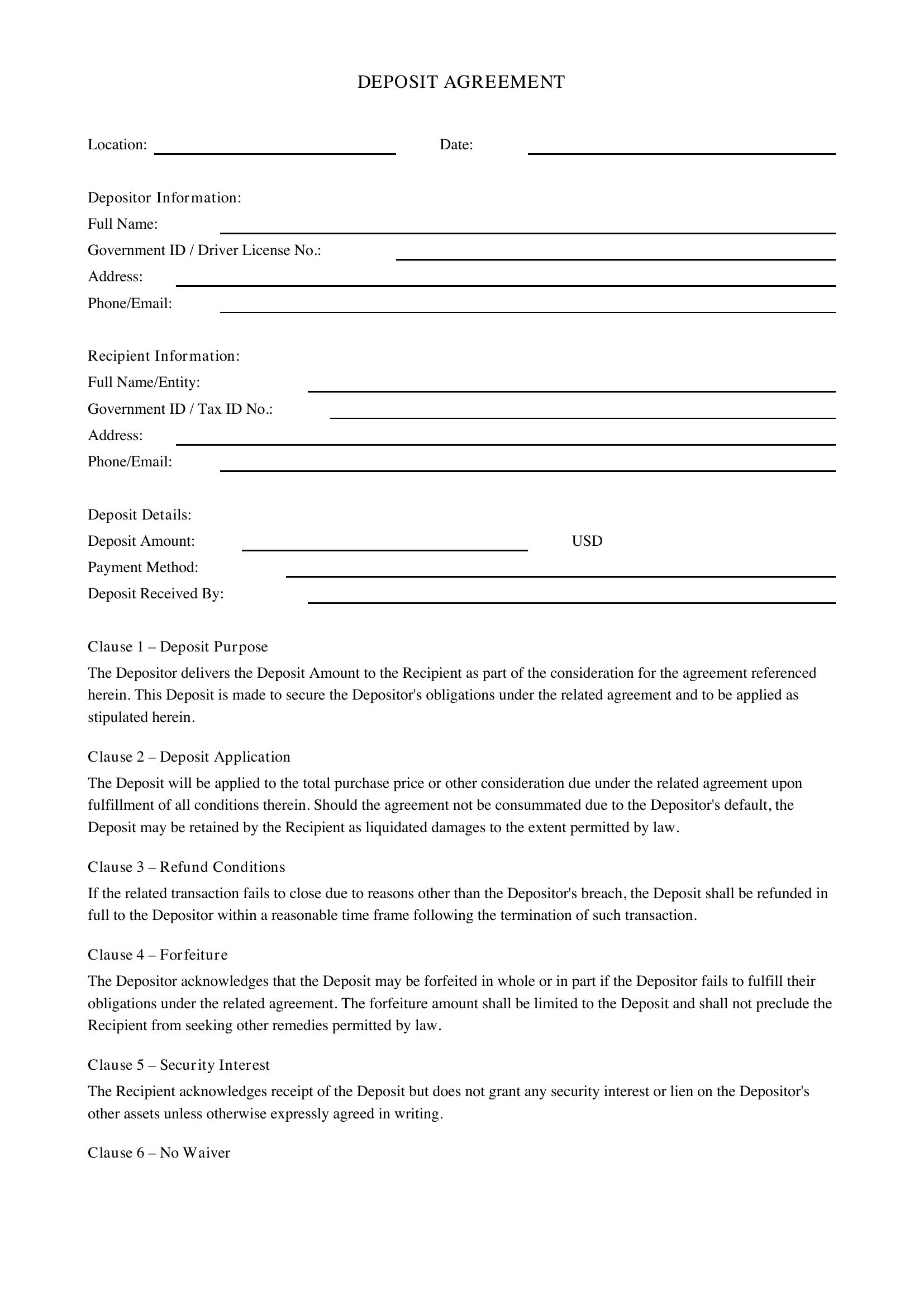 Deposit Agreement Template - US