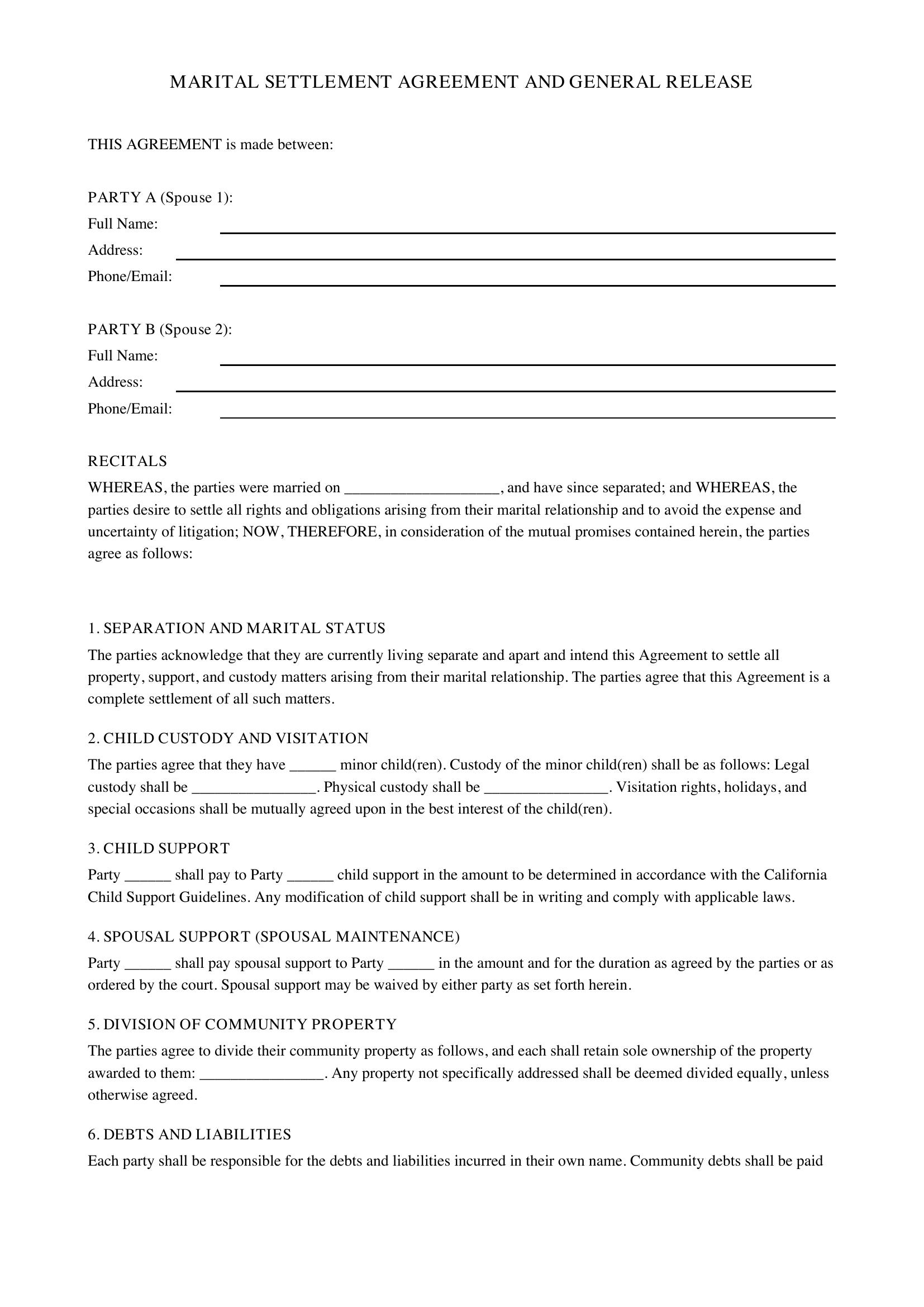 Divorce Agreement California Template - US