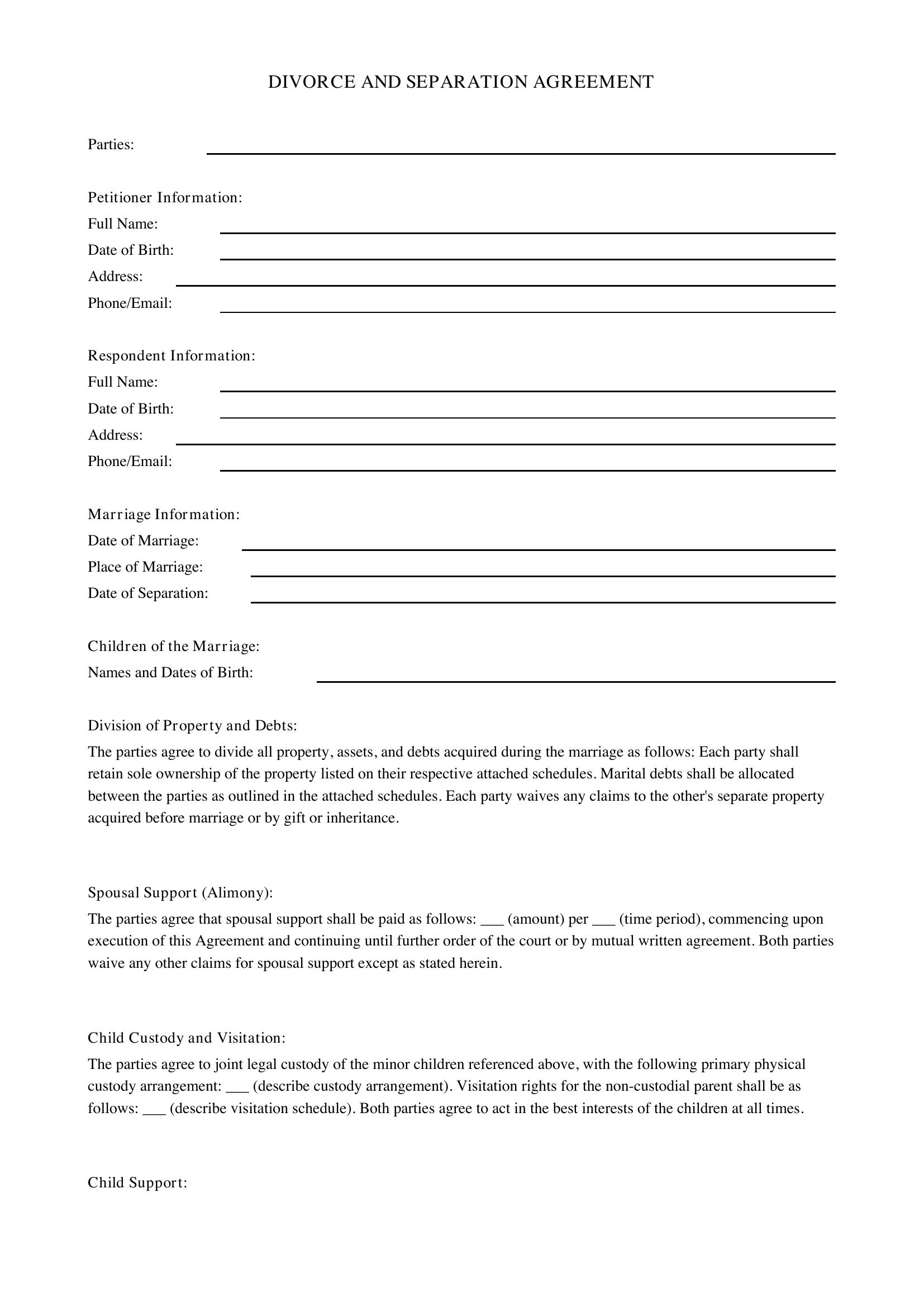 Divorce Separation Agreement Template - US