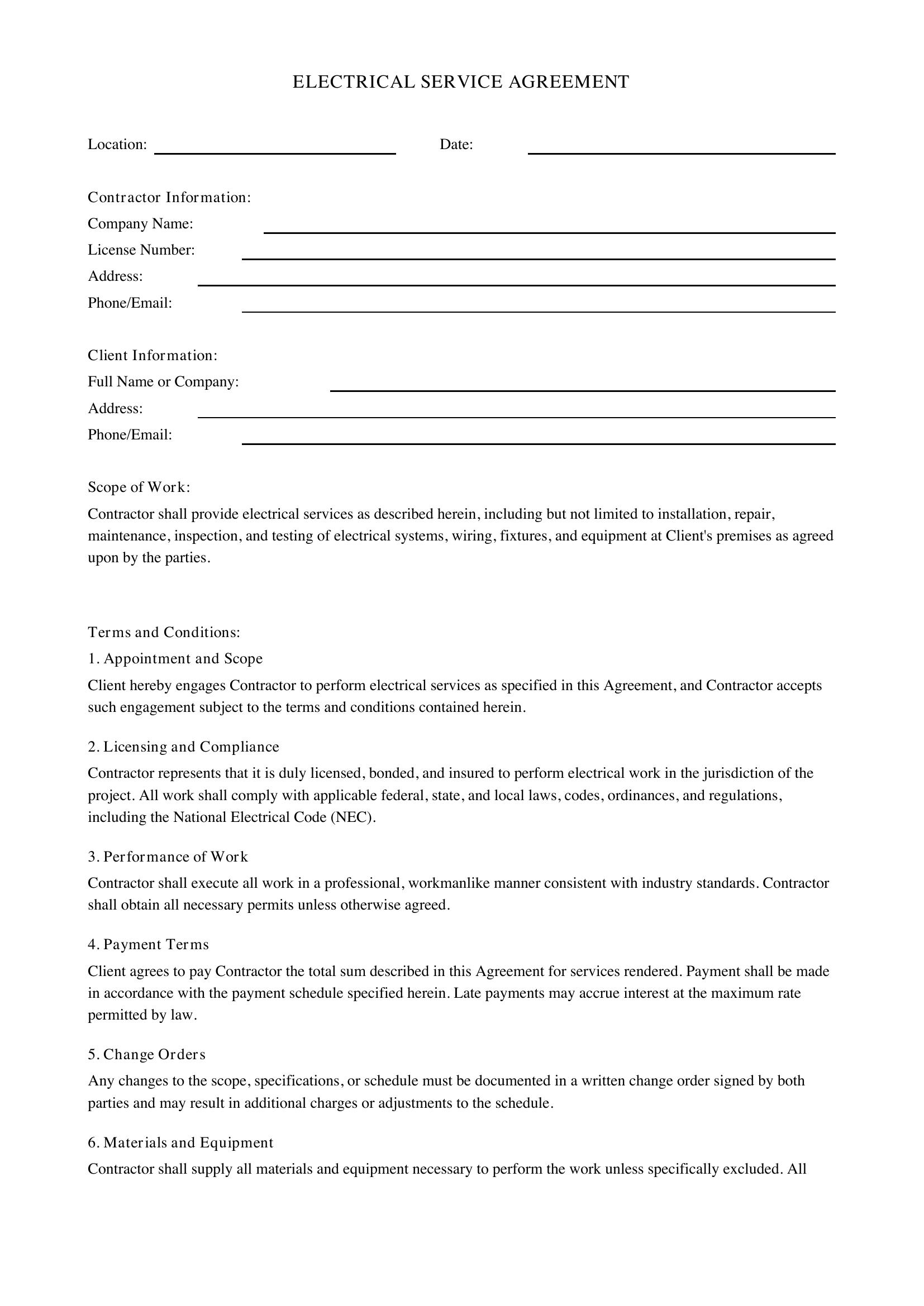 Electrical Service Agreement Template - US