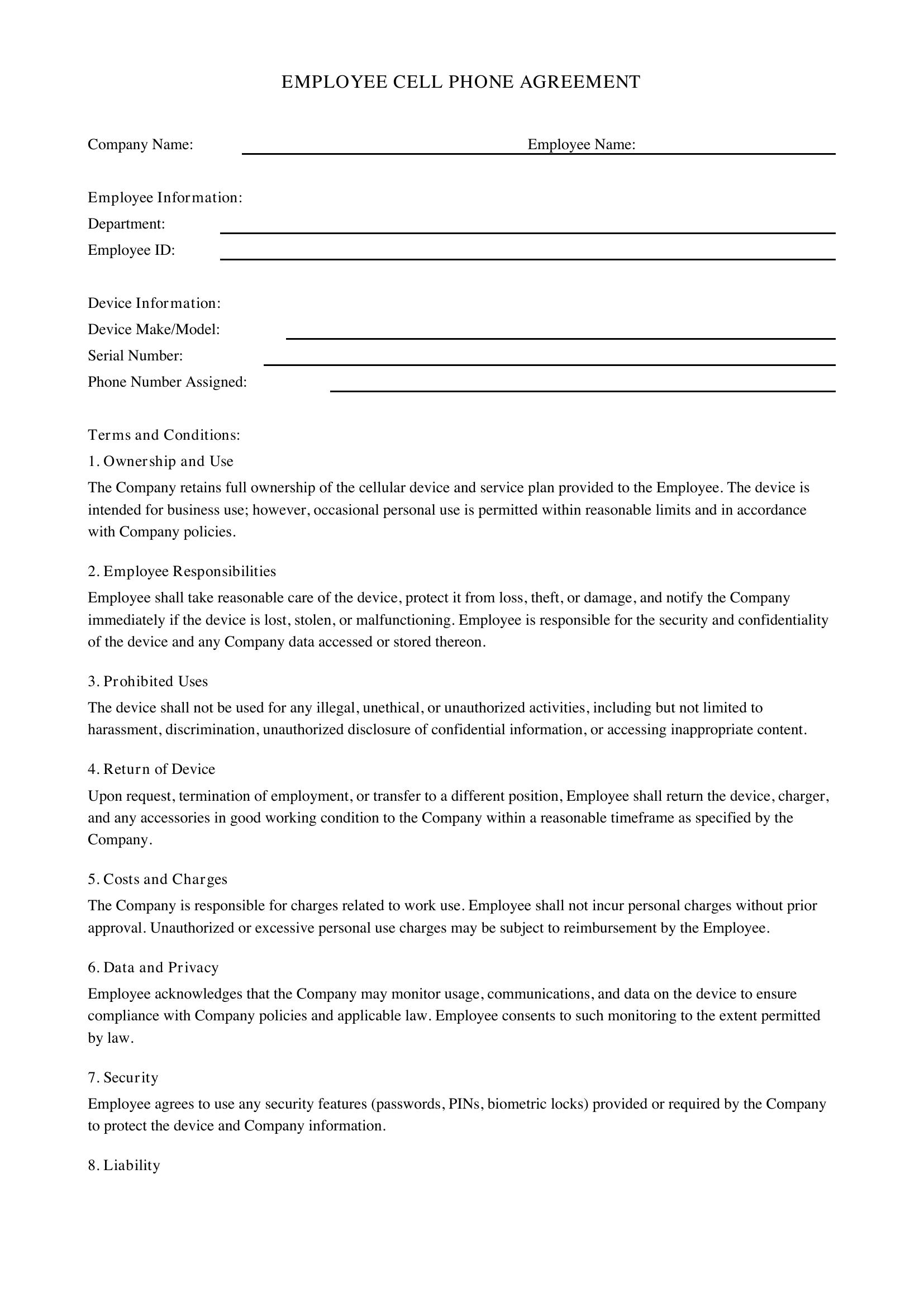 Employee Cell Phone Agreement Template - US