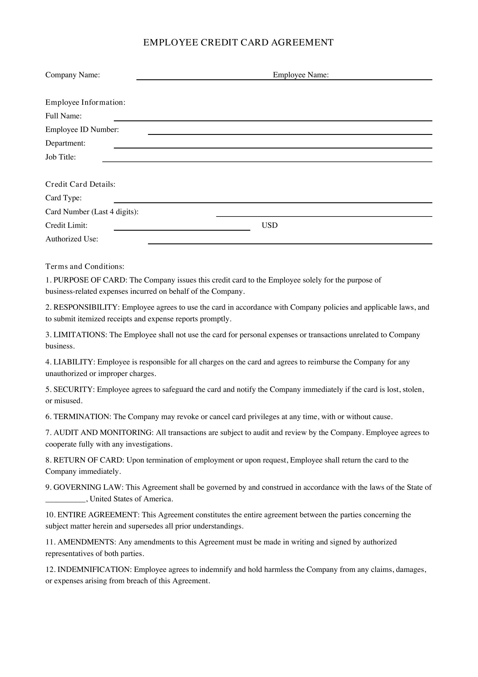 Employee Credit Card Agreement Template - US