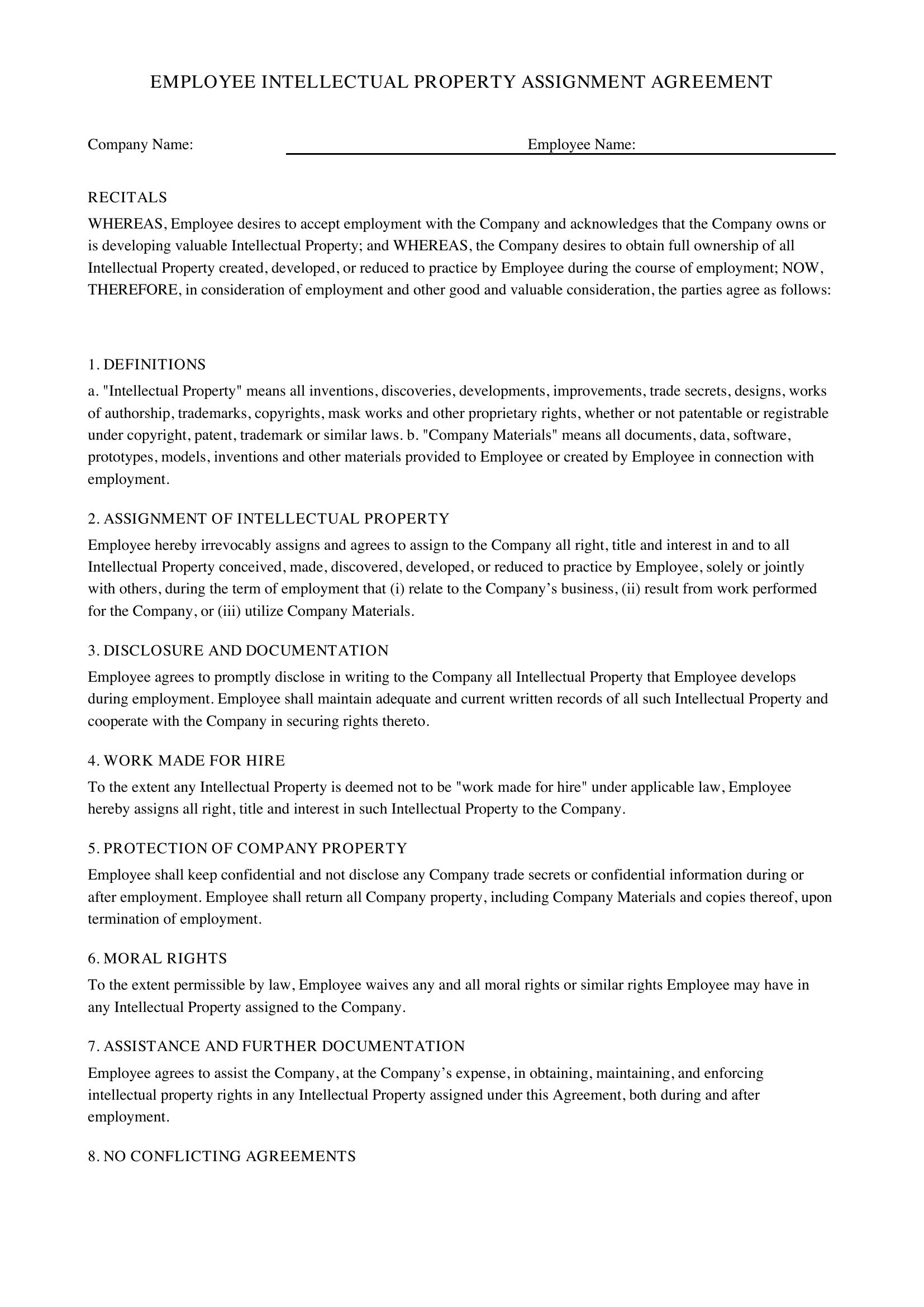 Employee Ip Assignment Agreement Template - US
