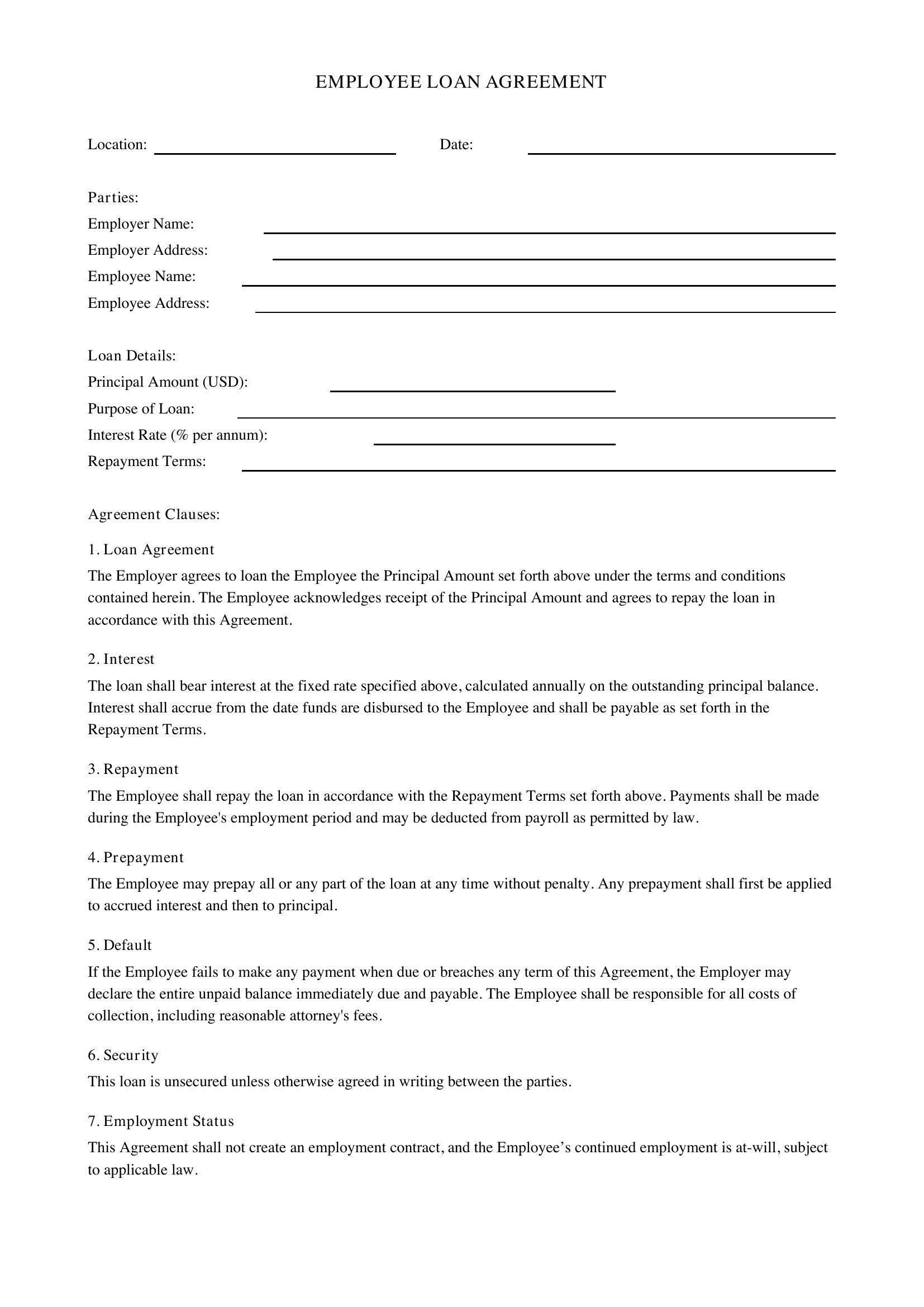 Employee Loan Agreement Template - US