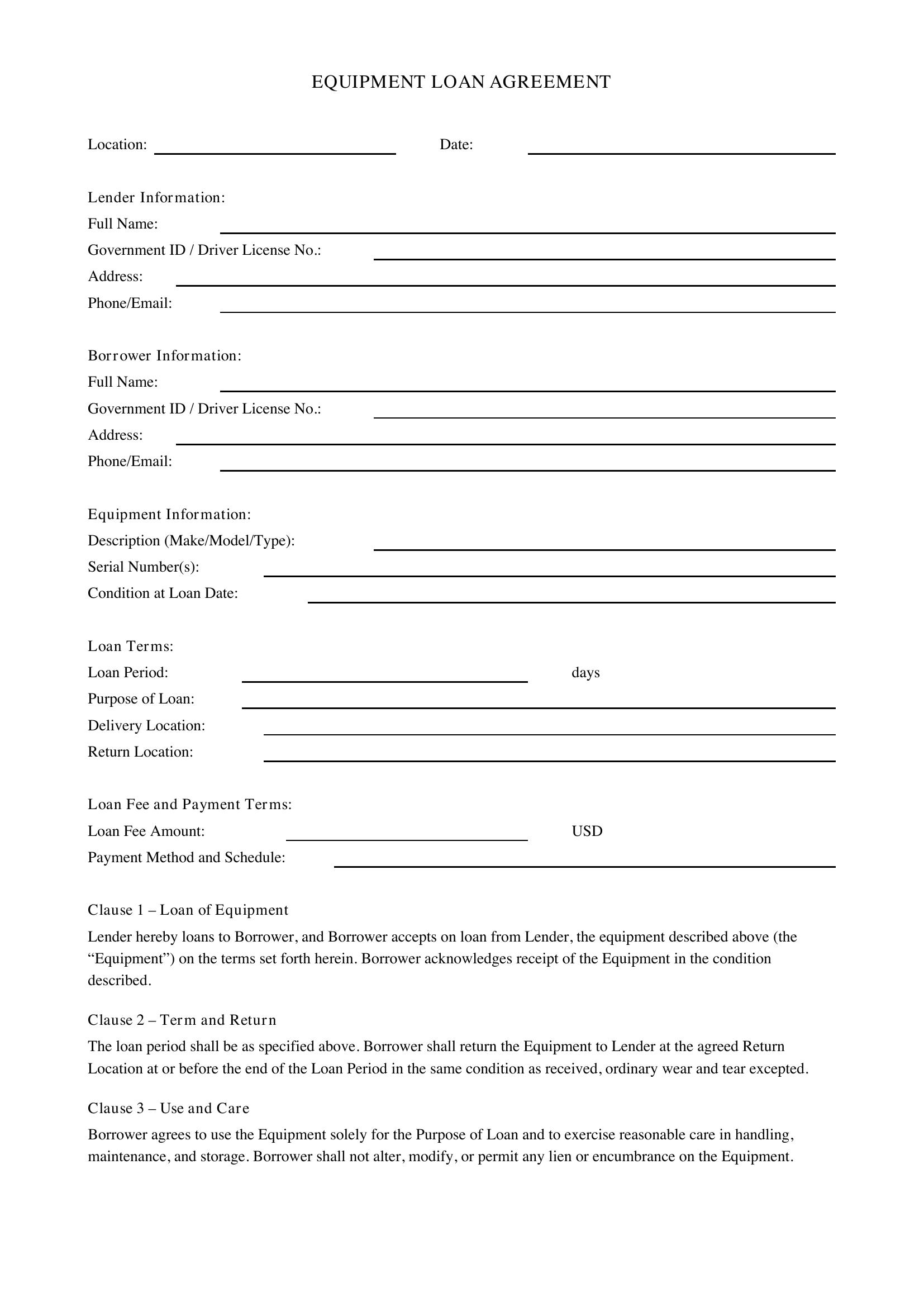 Equipment Loan Agreement Template - US