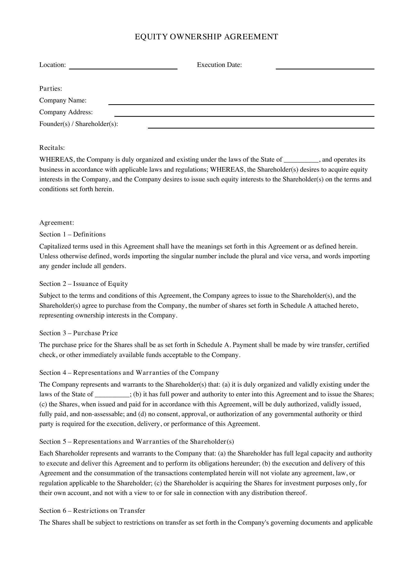 Equity Agreement Template - US