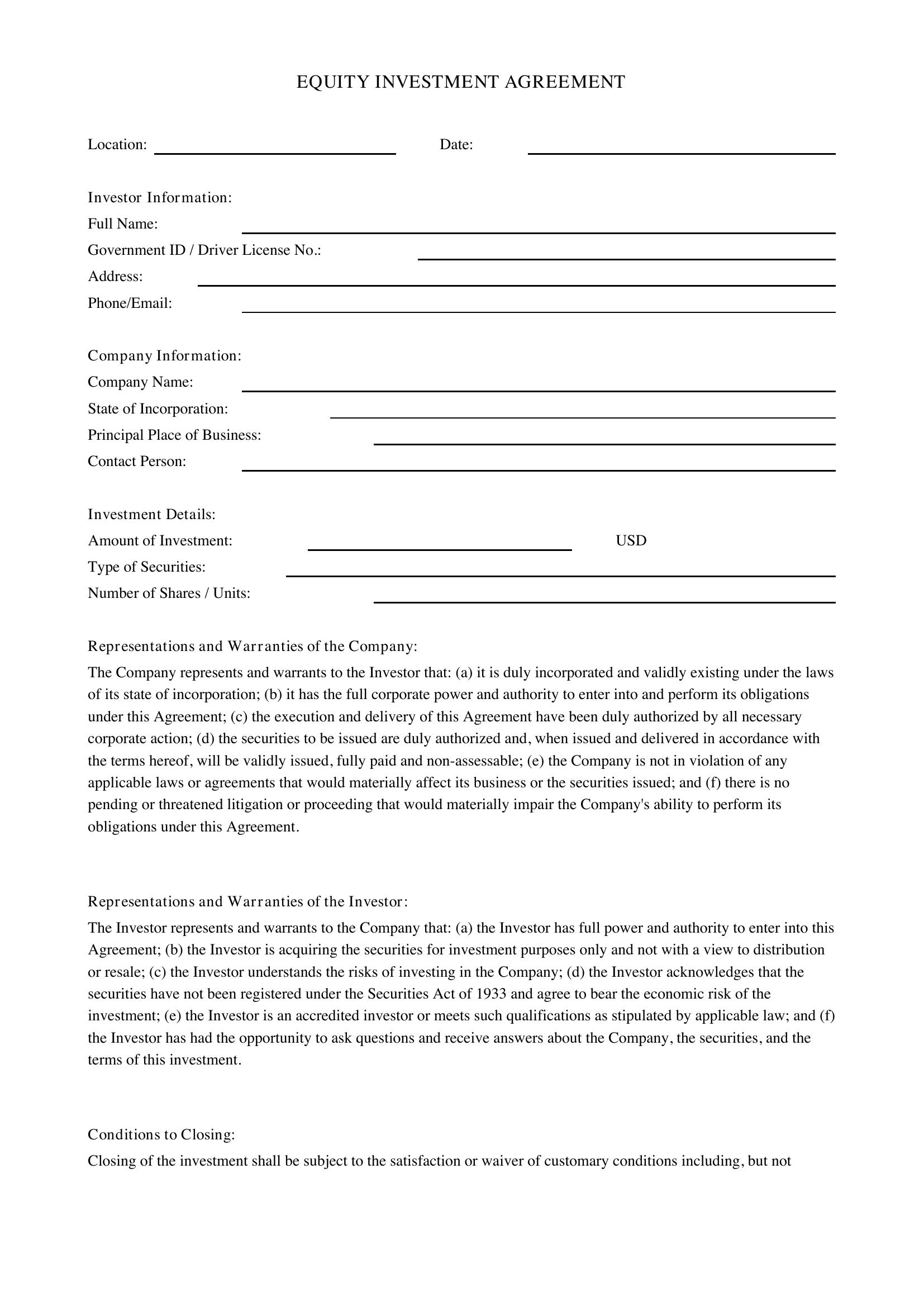 Equity Investment Agreement Template - US