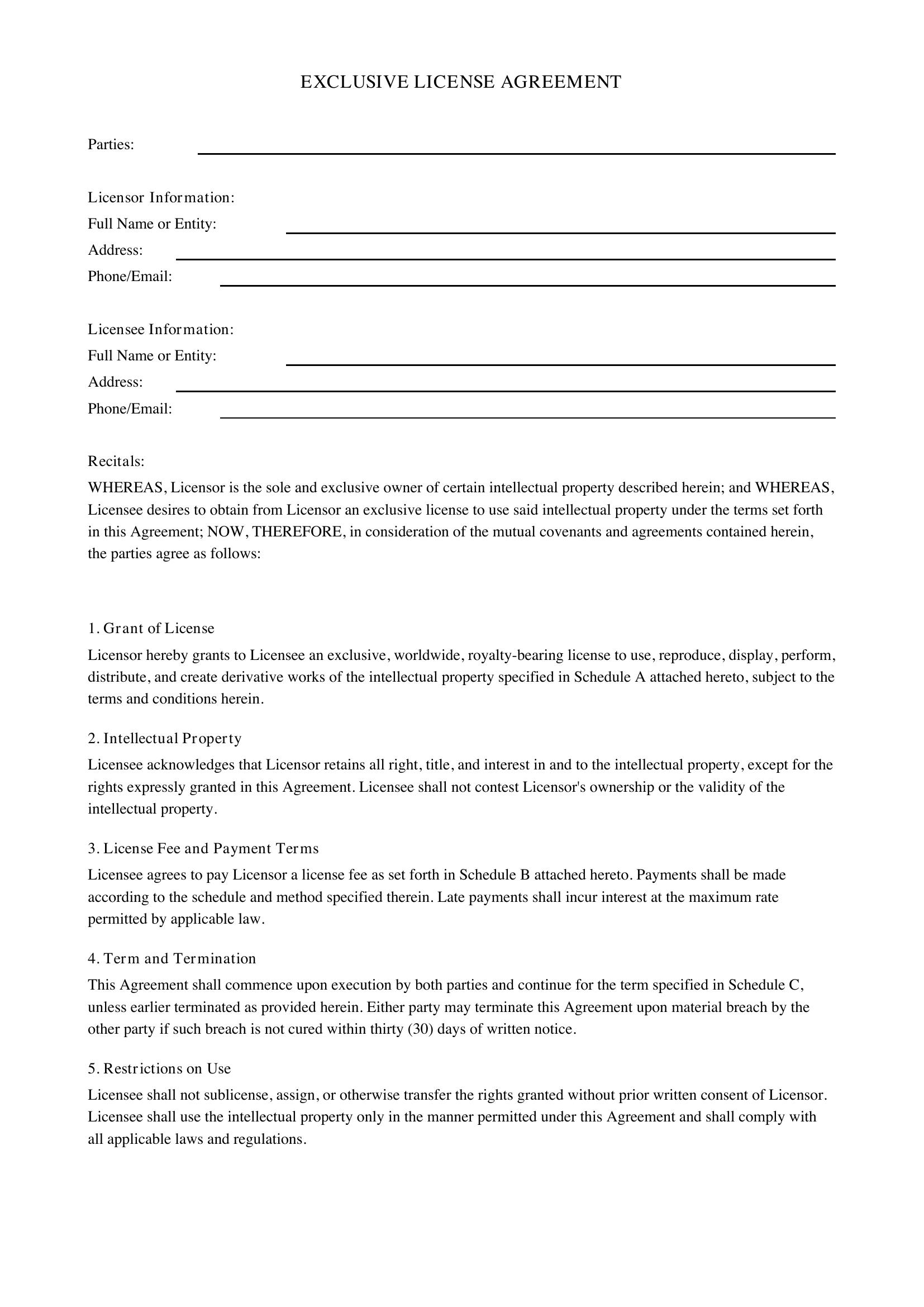 Exclusive License Agreement Template - US