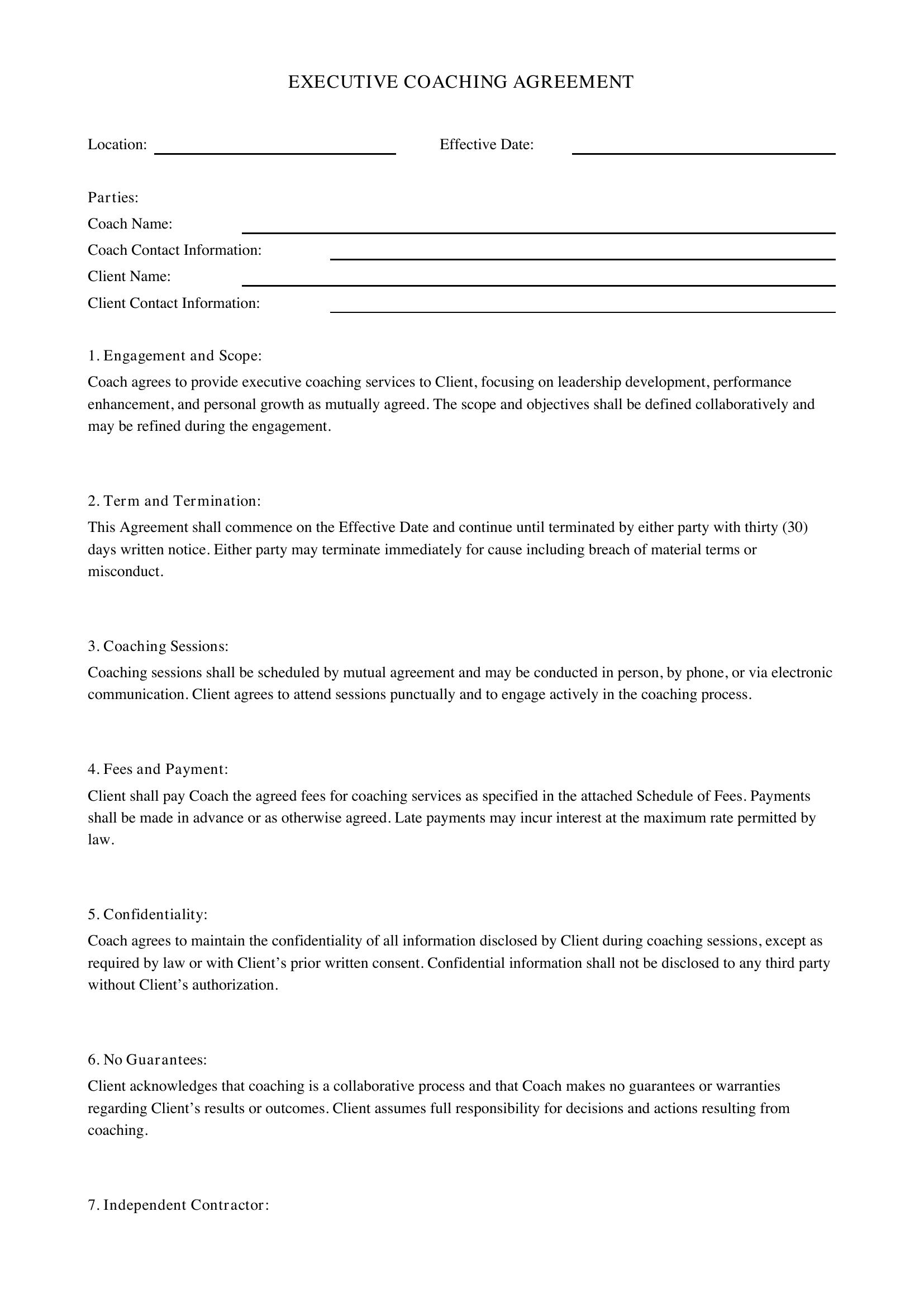 Executive Coaching Agreement Template - US