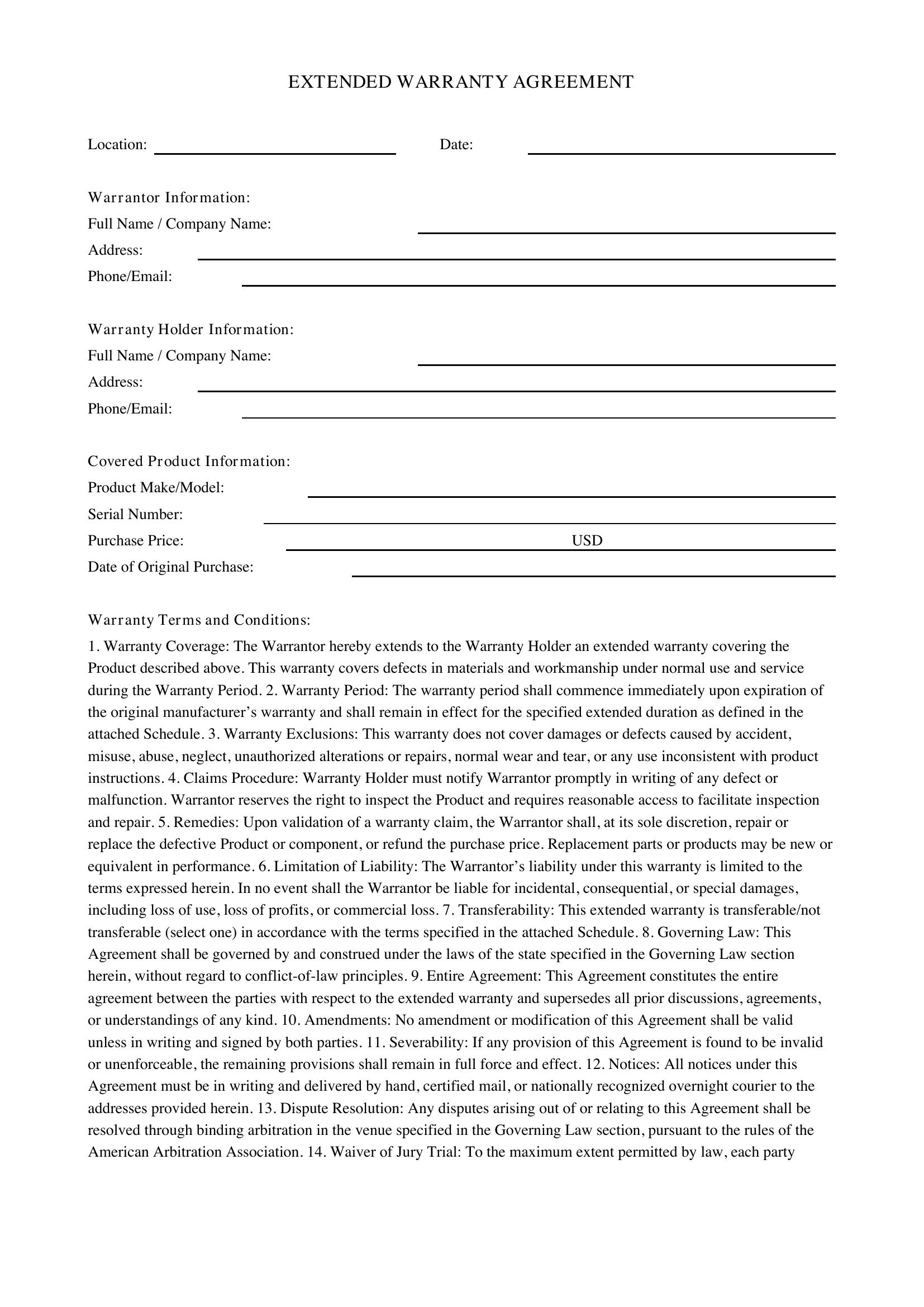 Extended Warranty Agreement Template - US